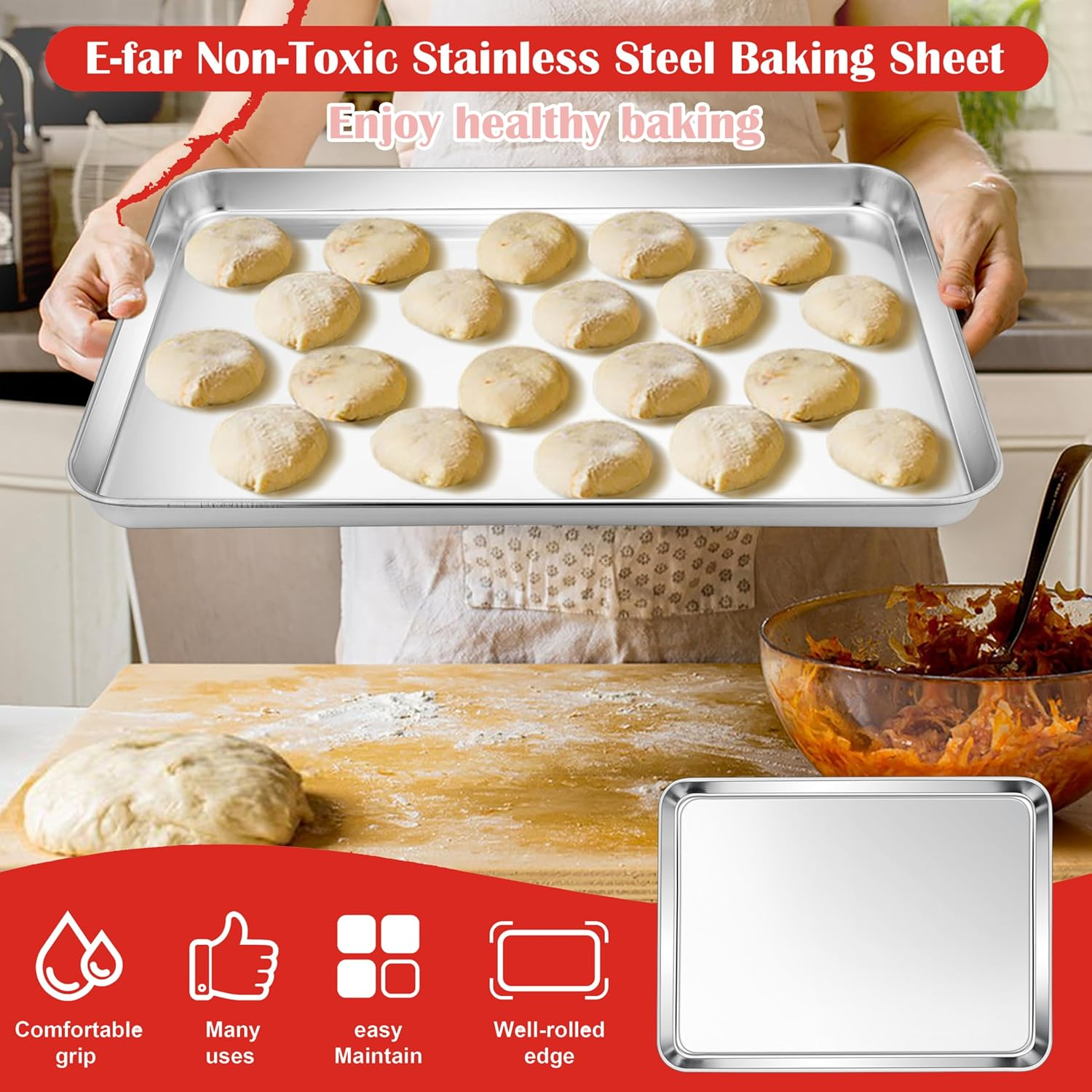 E-Far Cookie Sheet for Baking, 18&rdquo;X13&rdquo; Stainless Steel Baking Sheet Pan for Oven, Large Non Toxic Metal Baking Tray for Cake Cookies, Healthy & Rust Free, Mirror Finish & Dishwasher Safe, 1 Pack image number 1