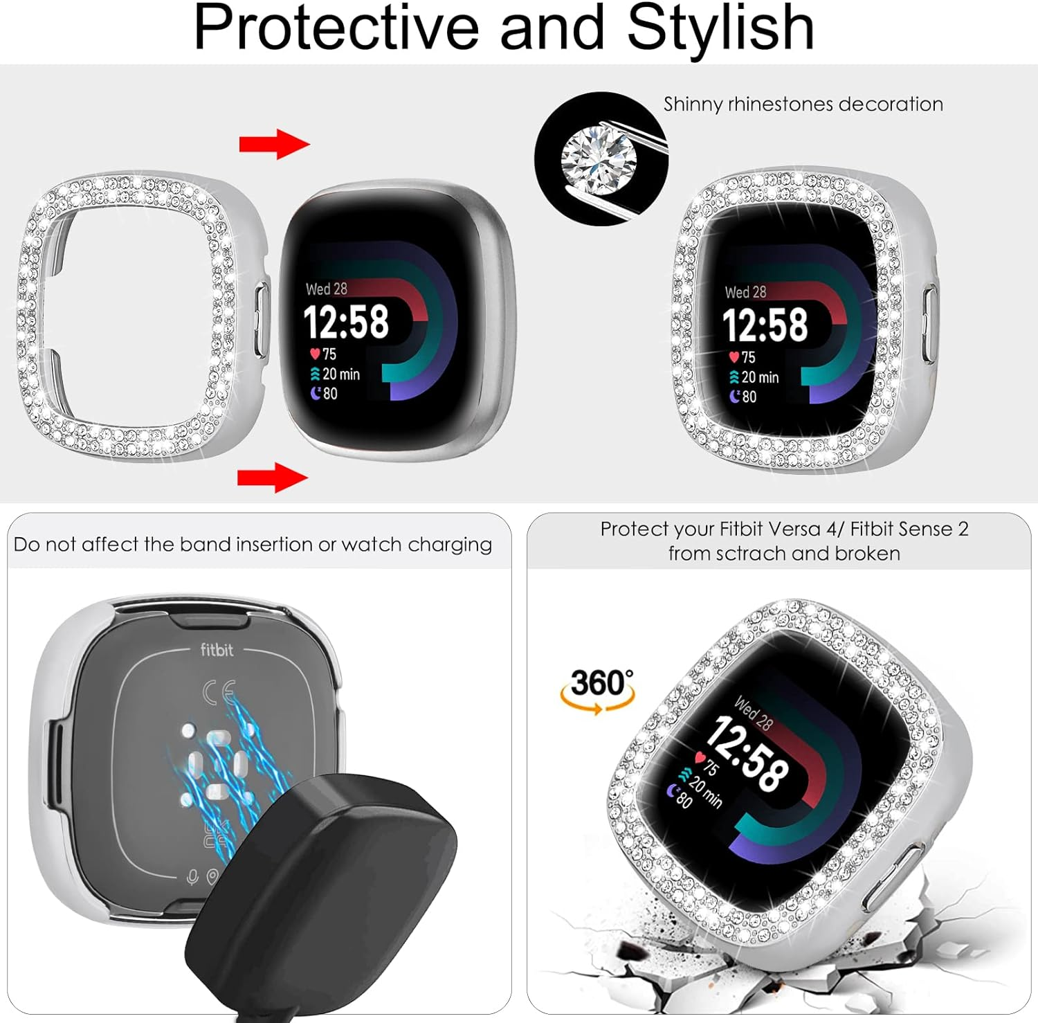 MOFREE Compatible for Fitbit Versa 4 Bands/Fitbit Sense 2 Bands Women with Hard Bling Bumper Protective Case Cover, Dressy Jewelry Diamond Rhinestone Metal Wristband for Fitbit Versa 4/Sense 2 image number 4