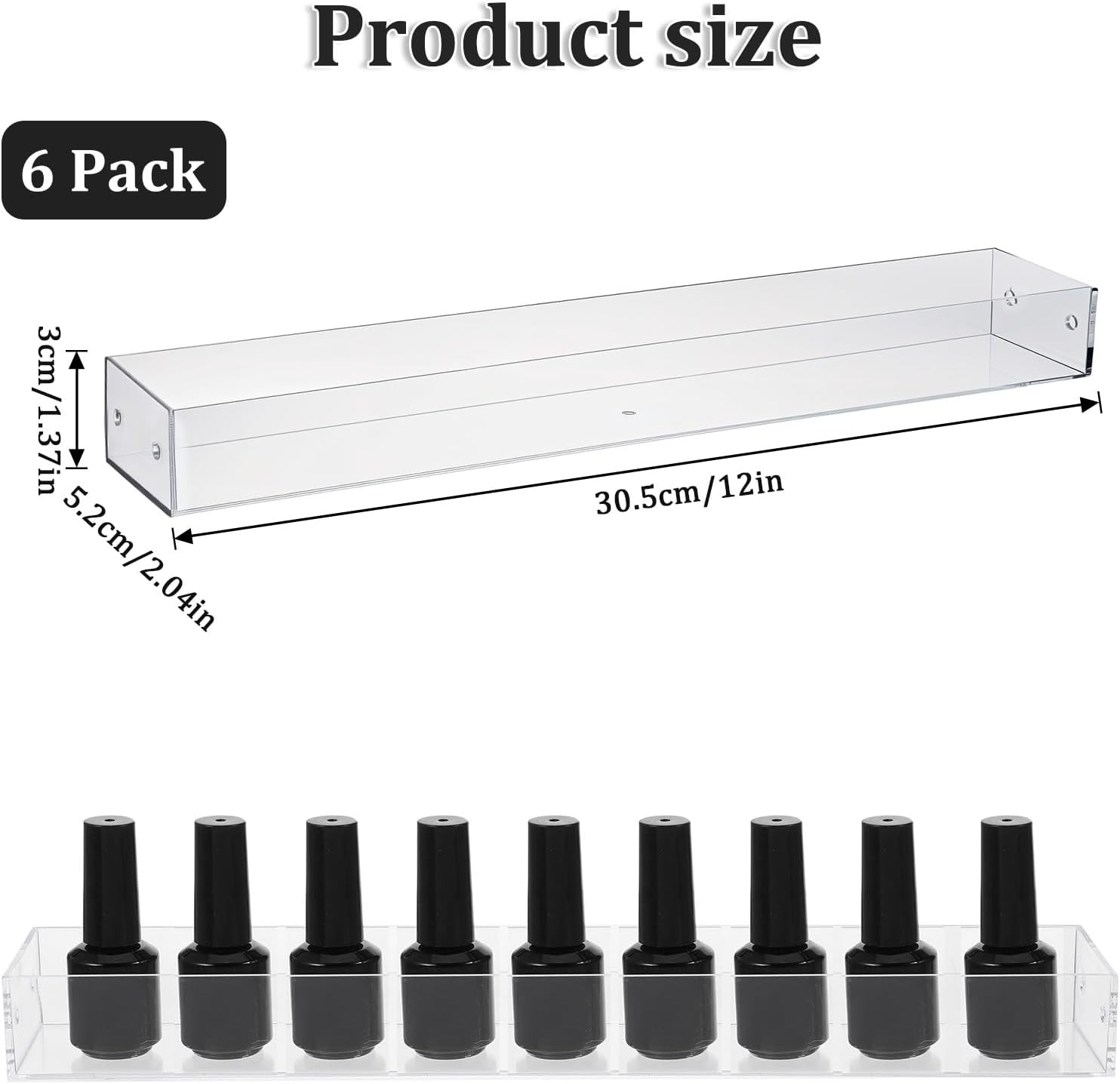 6 Packs Nail Polish Rack Wall Mounted Shelf, Clear Acrylic Shelves Nail Polish Holder Organizer Display, Hanging Acrylic Shelves for Paint Perfume Essential Oils Organizer, 12 Inch image number 5