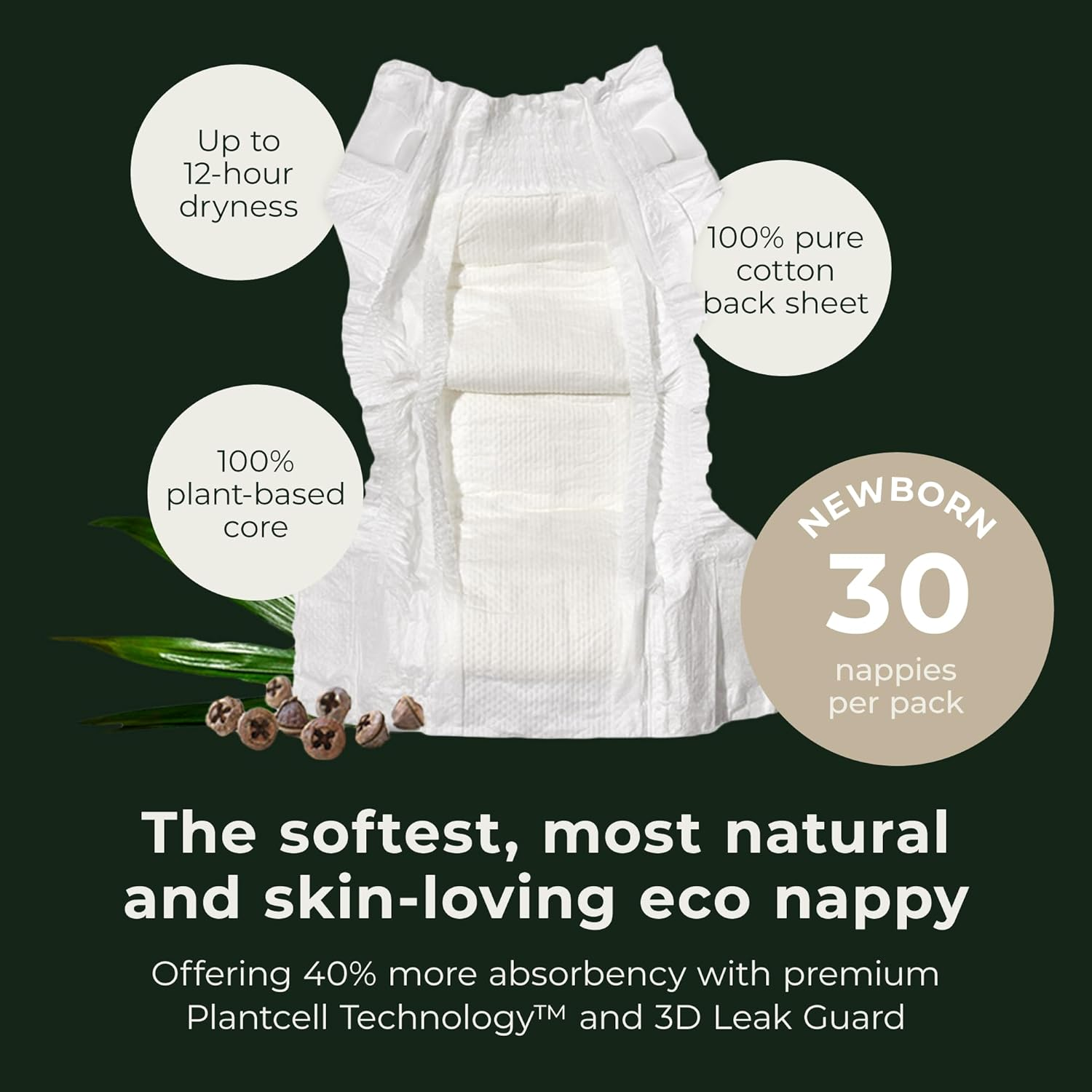 Ecoriginals - 30 Eco Newborn Nappies - Baby Nappies Size 0 with 100% Plant-Based Layers, Disposable & Hypoallergenic Baby Essentials for Newborn - Secure Fit Newborn Nappy (<4.5Kg), 1 Pack image number 3