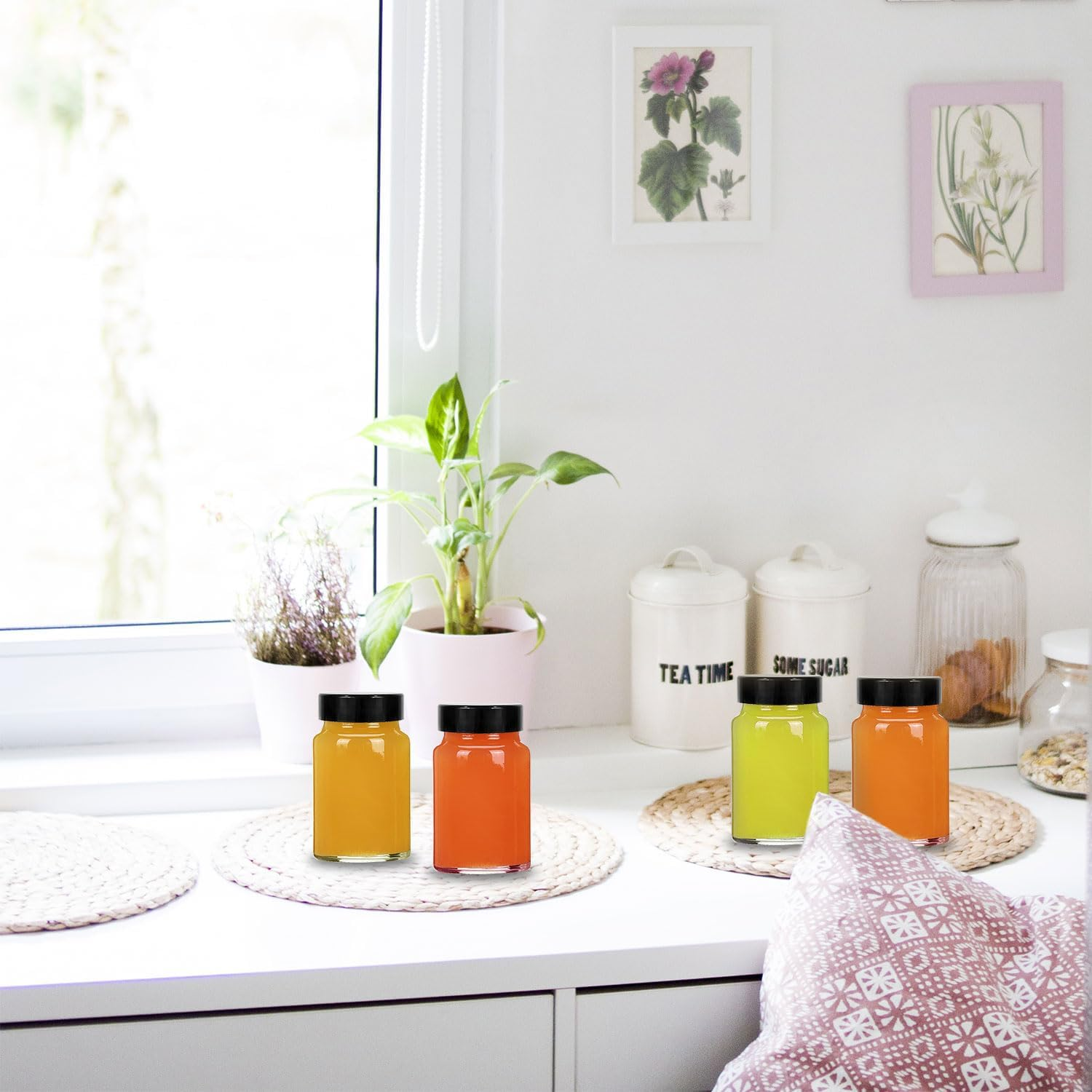 LANBEAUTIFY 2 Oz Small Clear Glass Bottles with Lids - 6Pcs Wide Mouth Shot Bottles with Caps for Ginger Shots, Juice, Potion, Liquids, Whiskey - Mini Travel Bottles with Funnels, Stickers - 6Pcs-Clear image number 6