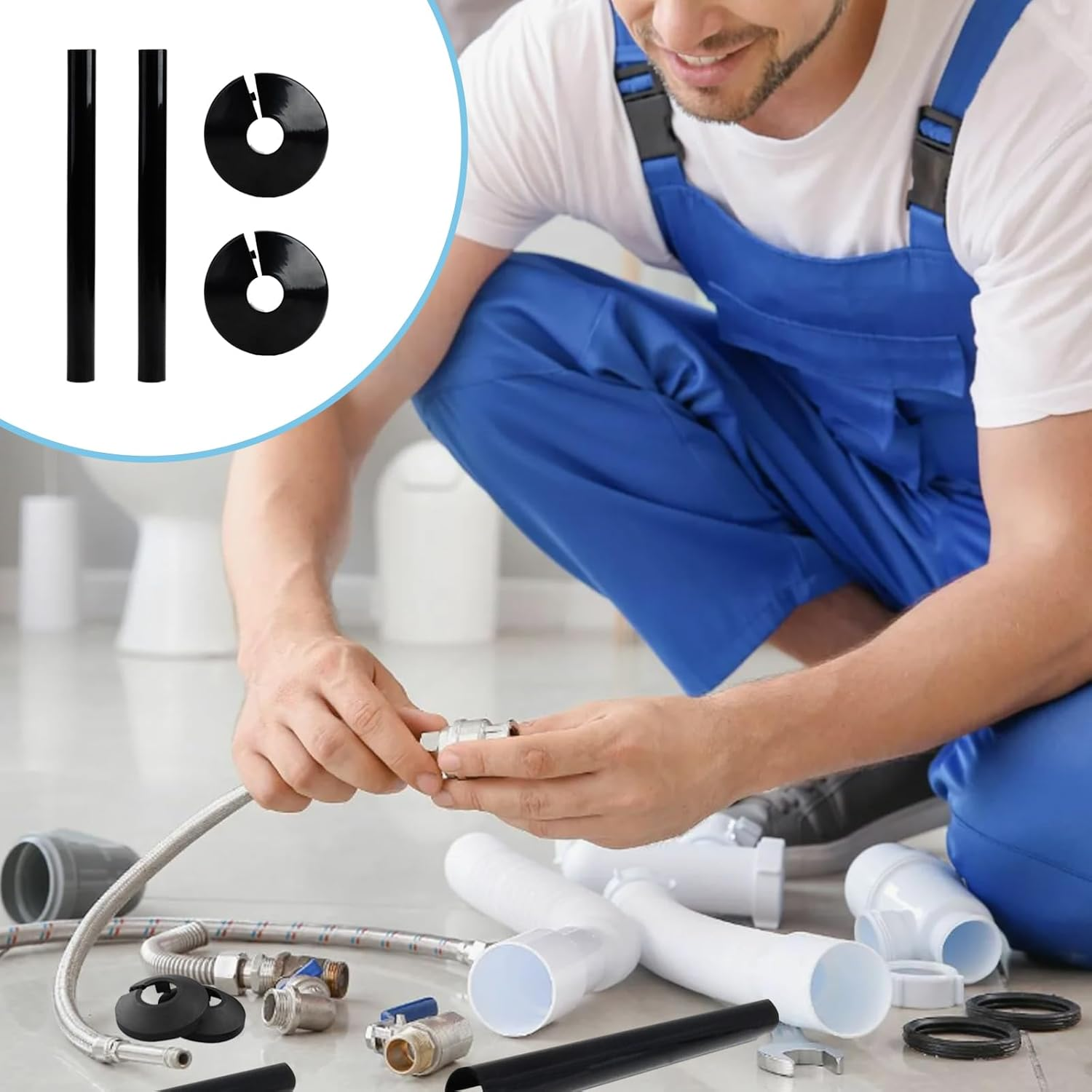 NAYAGOGO 4 Pcs Radiator Pipe Covers & Collars, Black Radiator Pipe Covers image number 2