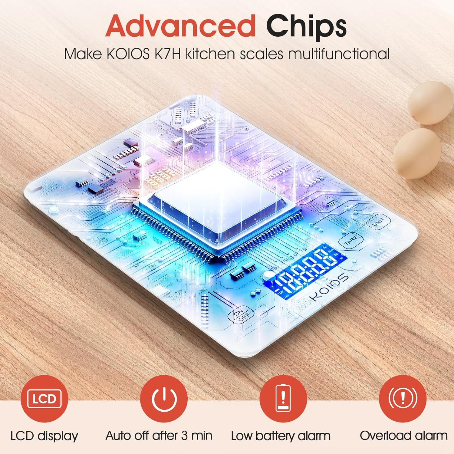 KOIOS Kitchen Scale, 33Lb/15Kg Digital Food Scales Weight in Grams and Ounces for Cooking Baking, 1G/0.1Oz Precise Graduation, Batteries and Type-C Charging, Tare Function, LCD Display, White image number 4