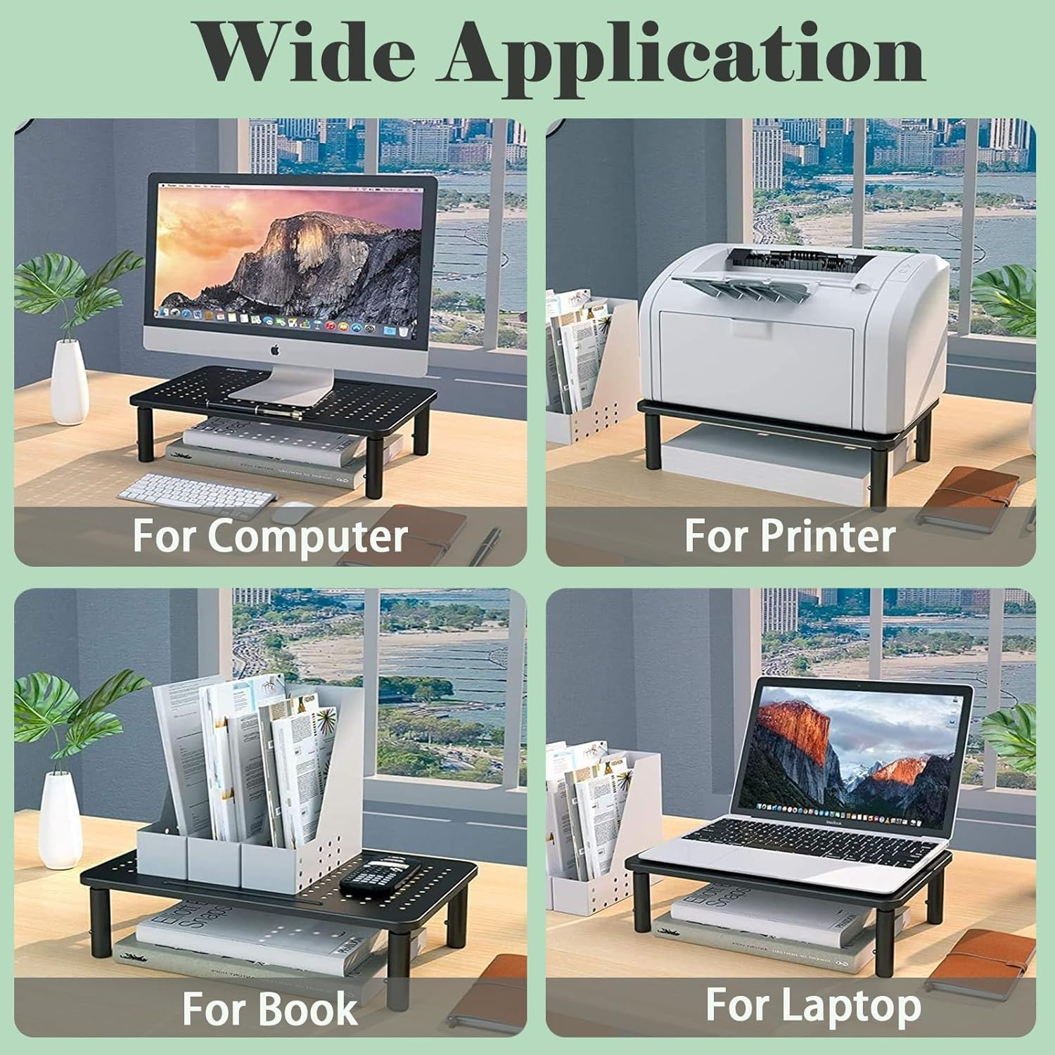 1 Pack Black Metal Monitor Stand Riser, 3 Height Adjustable Monitor Riser with Mesh Holes, Metal Shelf Holder Screen Floor Stand Riser Metal Platform for Computer, Laptop, Printer image number 4