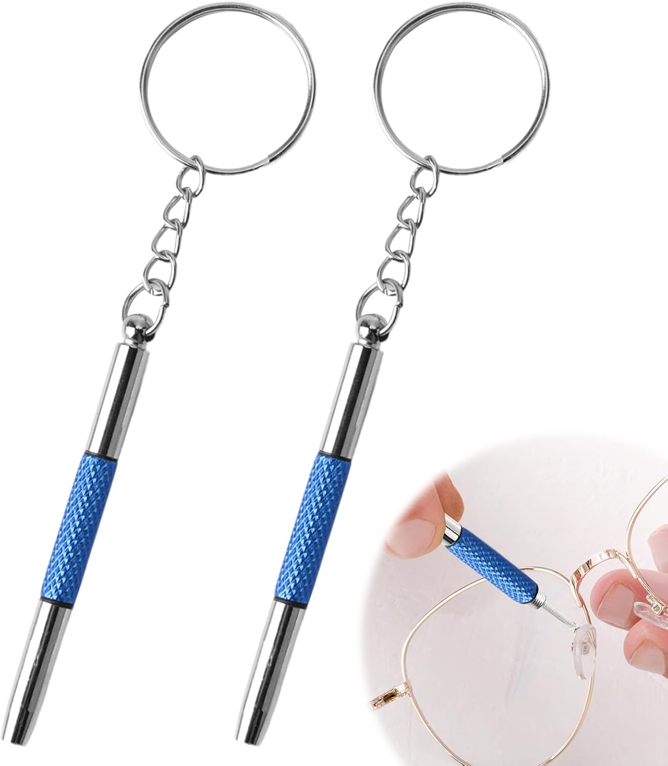 2 Pcs Precision Screwdriver Eyeglass Repair Kit, 3-In-1 Mini Screwdriver Set with Keyring for Glasses, Watches, Electronics & Small Devices, Compact & Portable (Blue)
