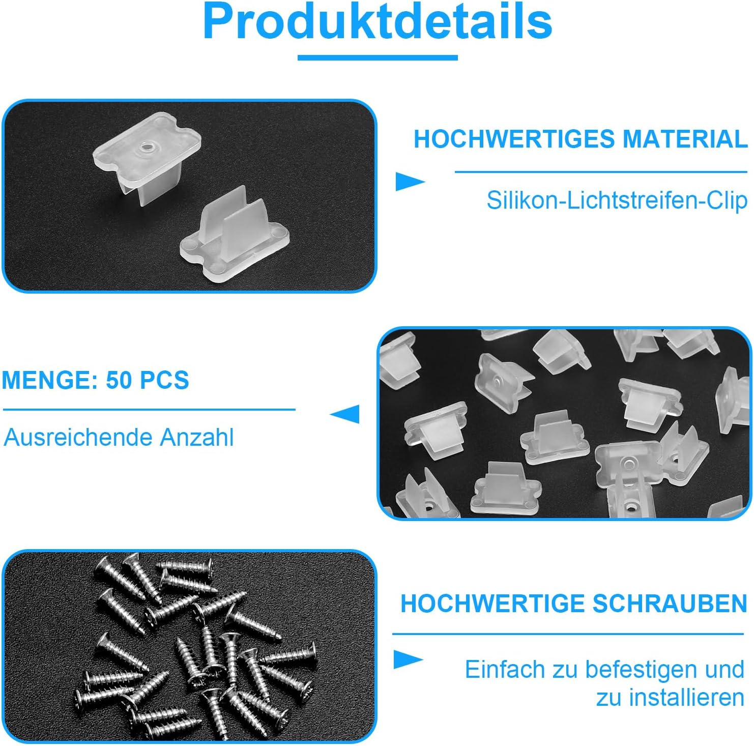 VOSSOT Pack of 50 Waterproof LED Light Strip Clips, Mounting Bracket Clips, Suitable for 5 Mm to 6 Mm Silicone LED Strip Holder, Includes Screws, Translucent image number 5
