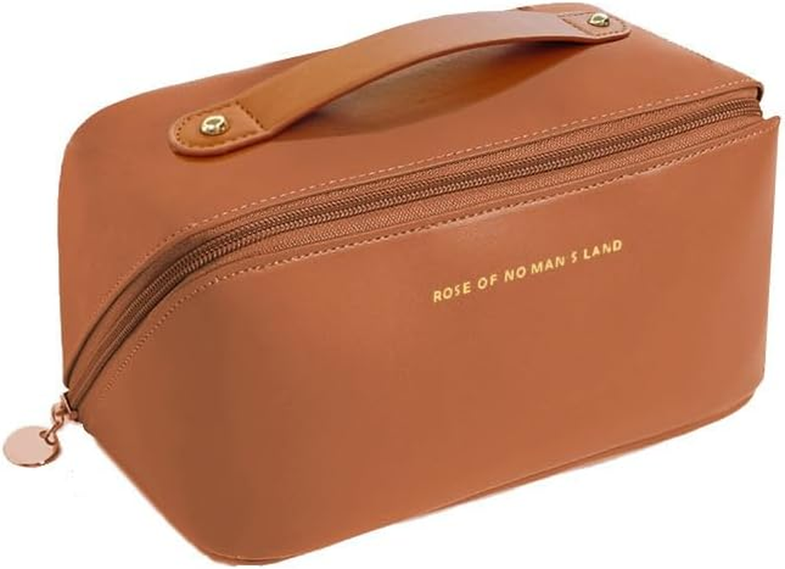 Waterproof Leather Makeup Bag with 180&deg; Opening &ndash; Organized Storage for Cosmetics, Ideal for Travel & Gifting,Leather Toiletry Bag with Handle, Tan Brown, Zip Closure, Travel Cosmetic Case, AUPOINT