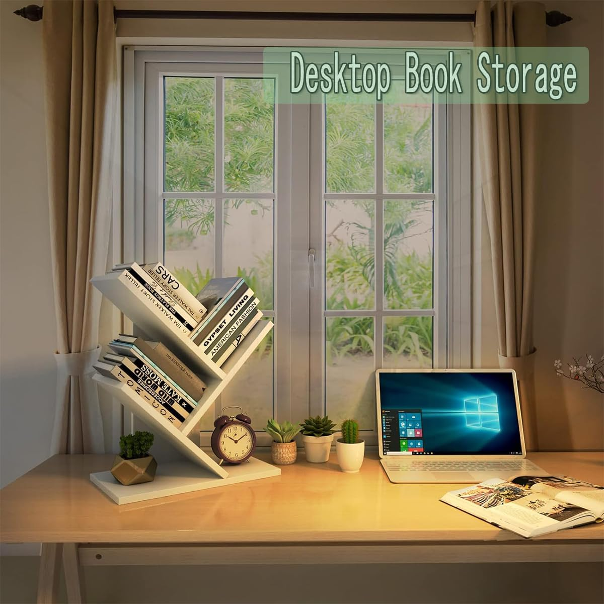 2 Tier Tree Bookshelf, 3 Shelf Bookcase, Free Standing Tree Bookcase, Display Floor Standing Shelf for Books, Book Organizer Shelves for Home Office, Living Room, Bedroom