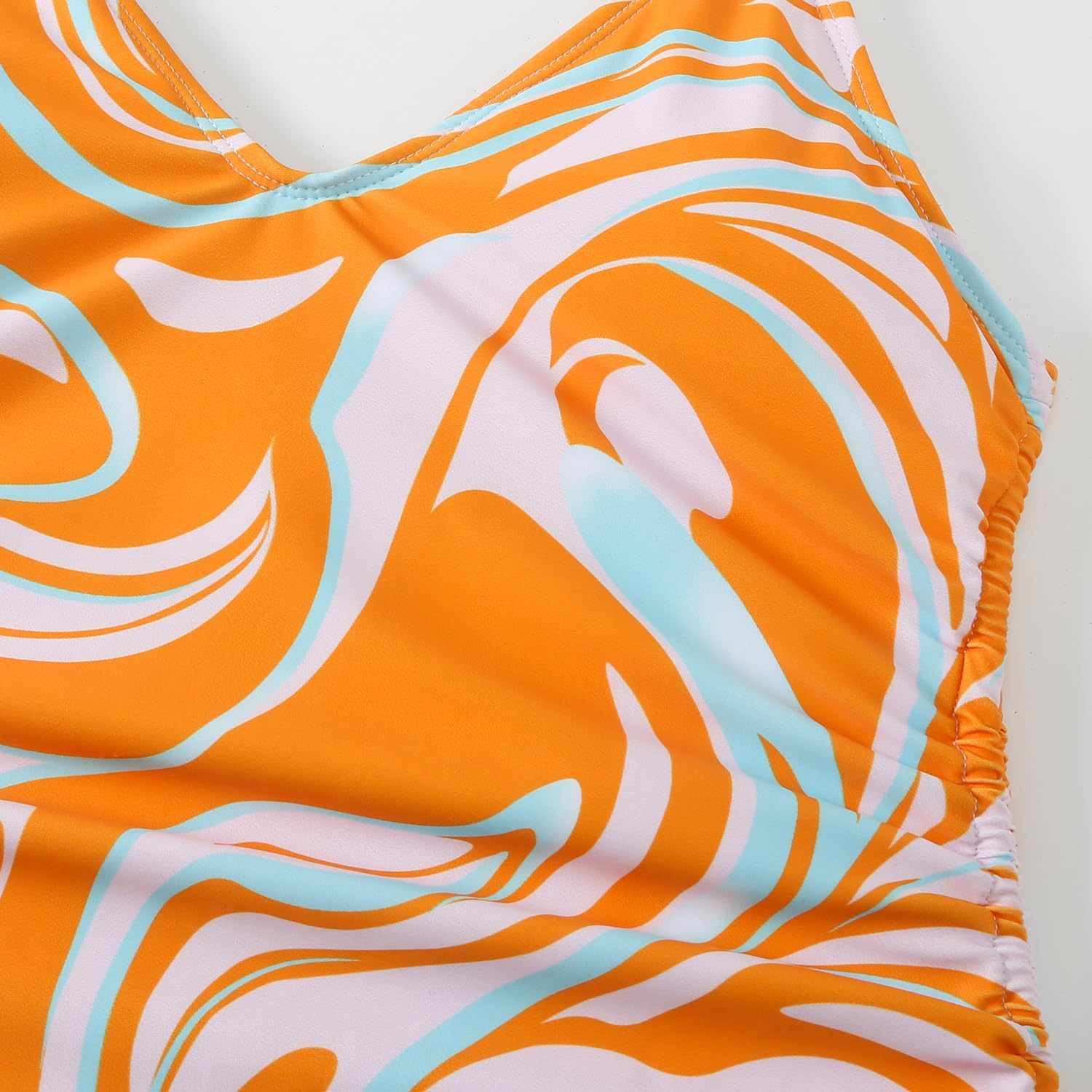 Maternity Swimsuit, Orange Swirl Pattern, V-Neck One-Piece with Ruched Sides image number 3