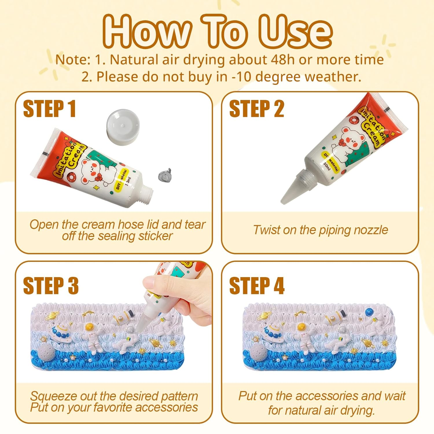 7 Colors Decoden Cream Kit, Simulation Fake Whipped Cream Glue, with Nozzle 3 Pack Decoration, Very Suitable for Making DIY Handicrafts(1.7 Oz)