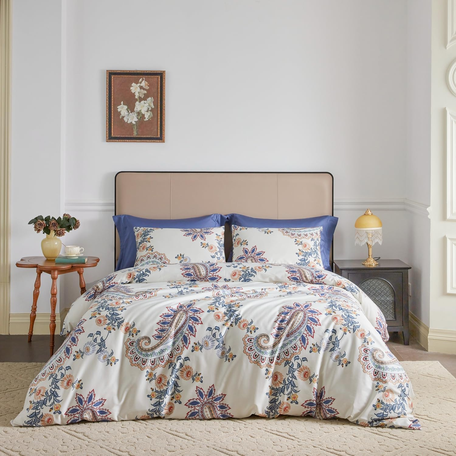 Yuheguoji 100% Egyptian Cotton 3 Pieces Duvet Cover Set Modern Printed Pattern Bedding Set 1 Duvet Cover with Zipper Ties 2 Pillow Cases Luxury Quality Soft Breathable Comfortable Durable Easy Care, Cotton, Grey Paisley, King