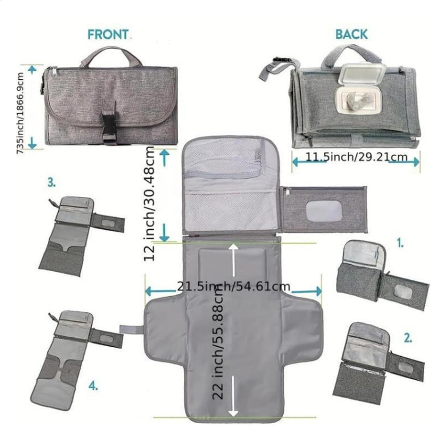 Diaper Changing Mat, Outdoor Folding Changing Pad, Multiple Pockets Pad, Waterproof, Compact Design, 55.88 Cm, for Girls and Boys image number 4