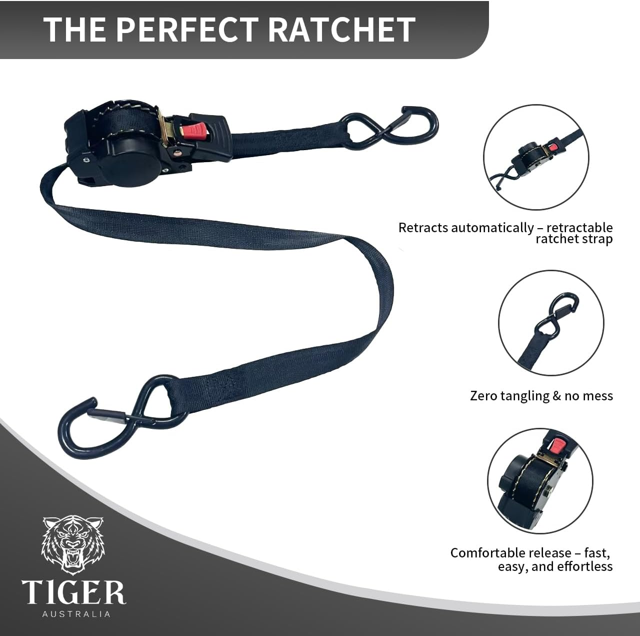 Tiger Australia Retractable Ratchet Straps 4 Pack &ndash; 25Mm X 4.5M Tie down Straps, 800KG Break Strength, with S-Hooks and Storage Bag, for Trailers, Utes, Boats, Moving image number 4