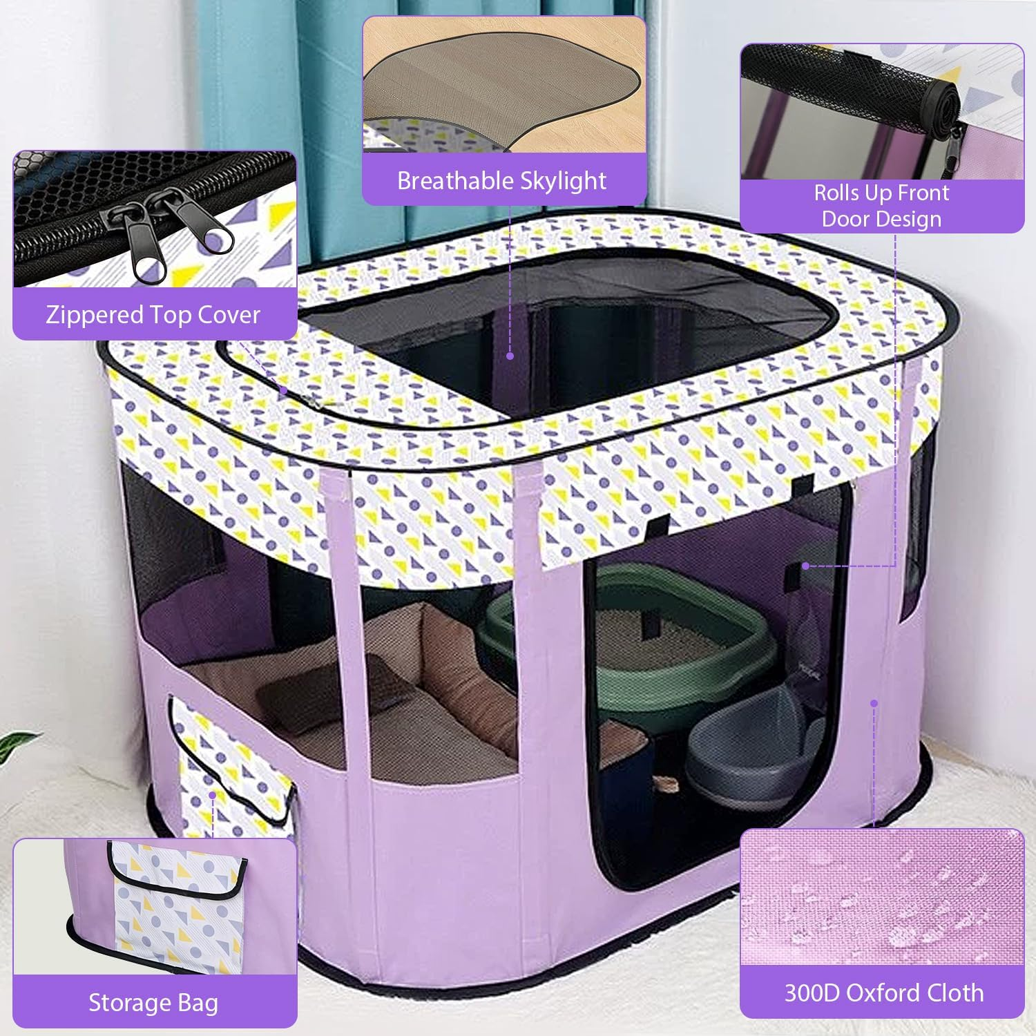 Puppy Playpen, Animal Playpen, Foldable Pet Fence, Puppy Run Rectangular Tent, Puppy Playpen for Indoors, Portable Small Animal Enclosure for Kittens, Puppies, Rabbits (Purple) image number 5