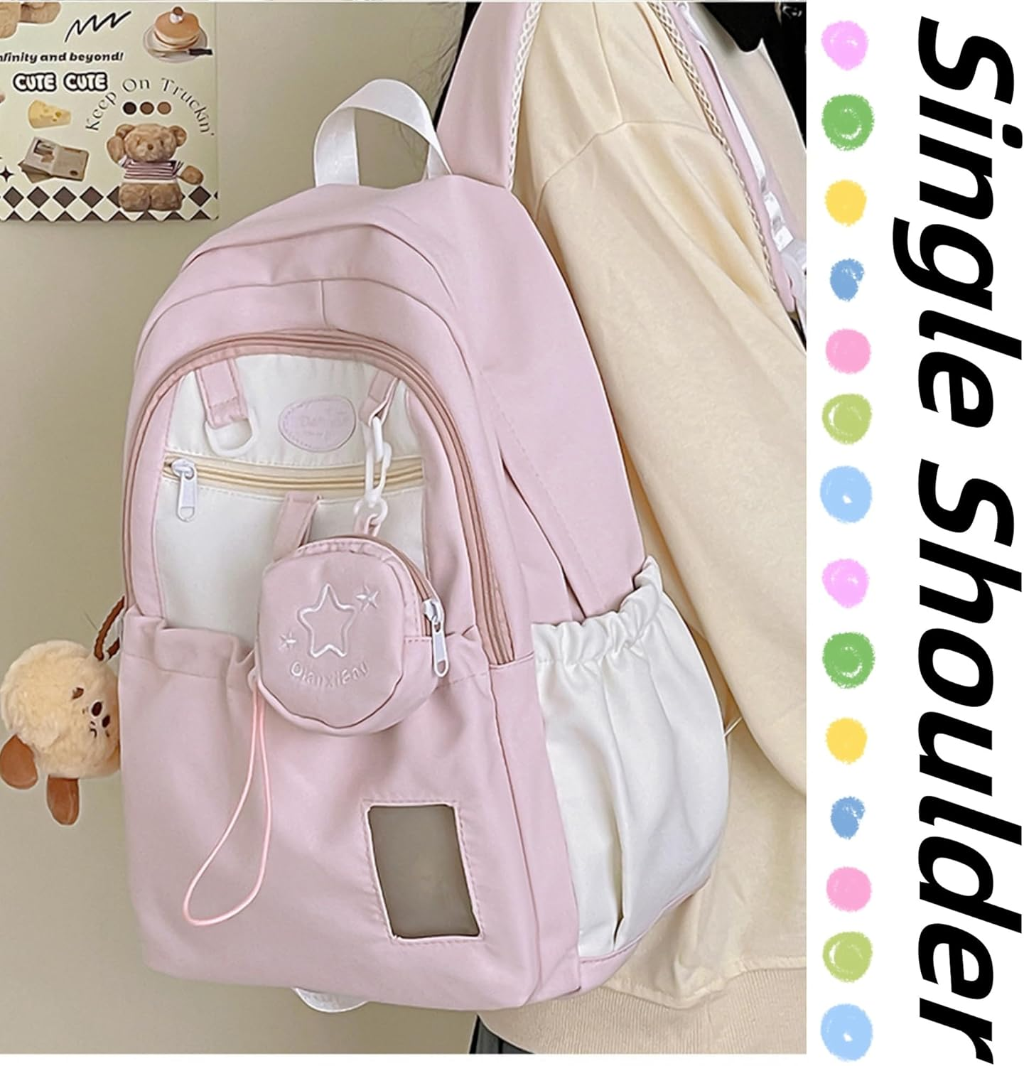 UINSUE Kawaii Backpack Double Shoulder Bag with Cute Star Removable Pouch Clear Pocket Large Capacity Dopamine Colors Daypack - Blue image number 7
