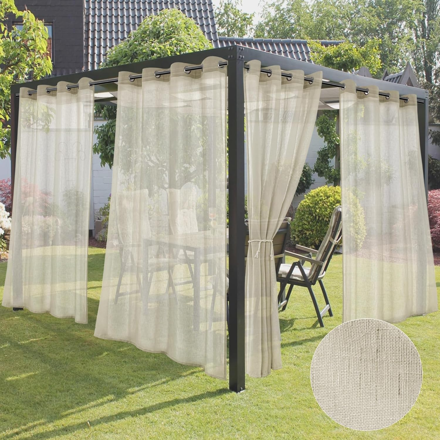 Holidayideas 4 Panels Outdoor Curtains for Patio-Natural Linen Semi Sheer Curtains for Patio Waterproof, Privacy Sun Light Indoor outside Drapes for Gazebo, Pergola, Balcony, Pool, Backyard 54X95 Inch image number 3