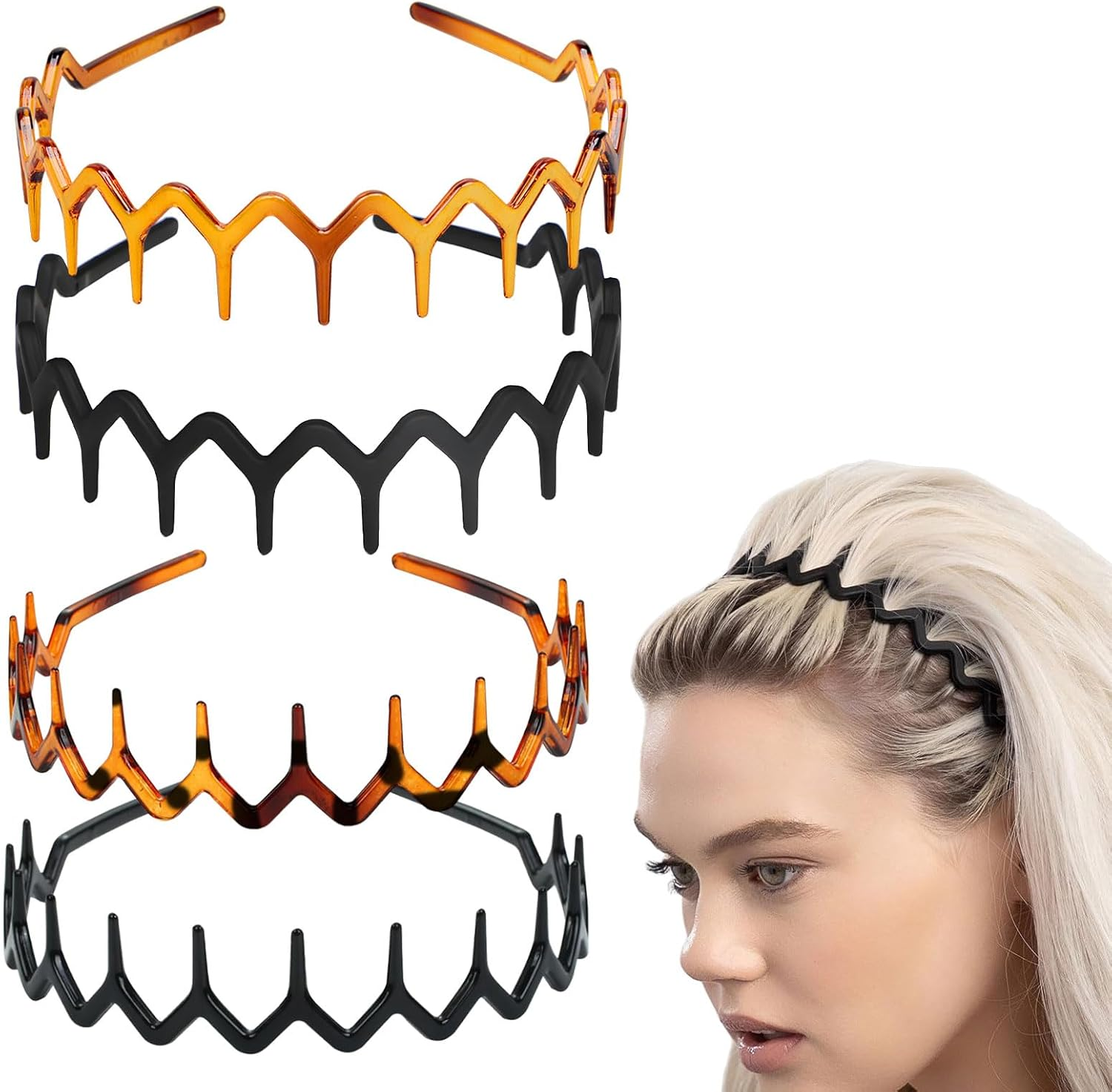 Zig Zag Headband, 4Pcs Headbands for Women, Hair Band, Zig Zag Black Plastic Sharks Tooth Hair, Tooth Comb Hairband Wavy Zigzag Headband, Plastic Hair Hoops Zigzag Hair Band for Women Men image number 3