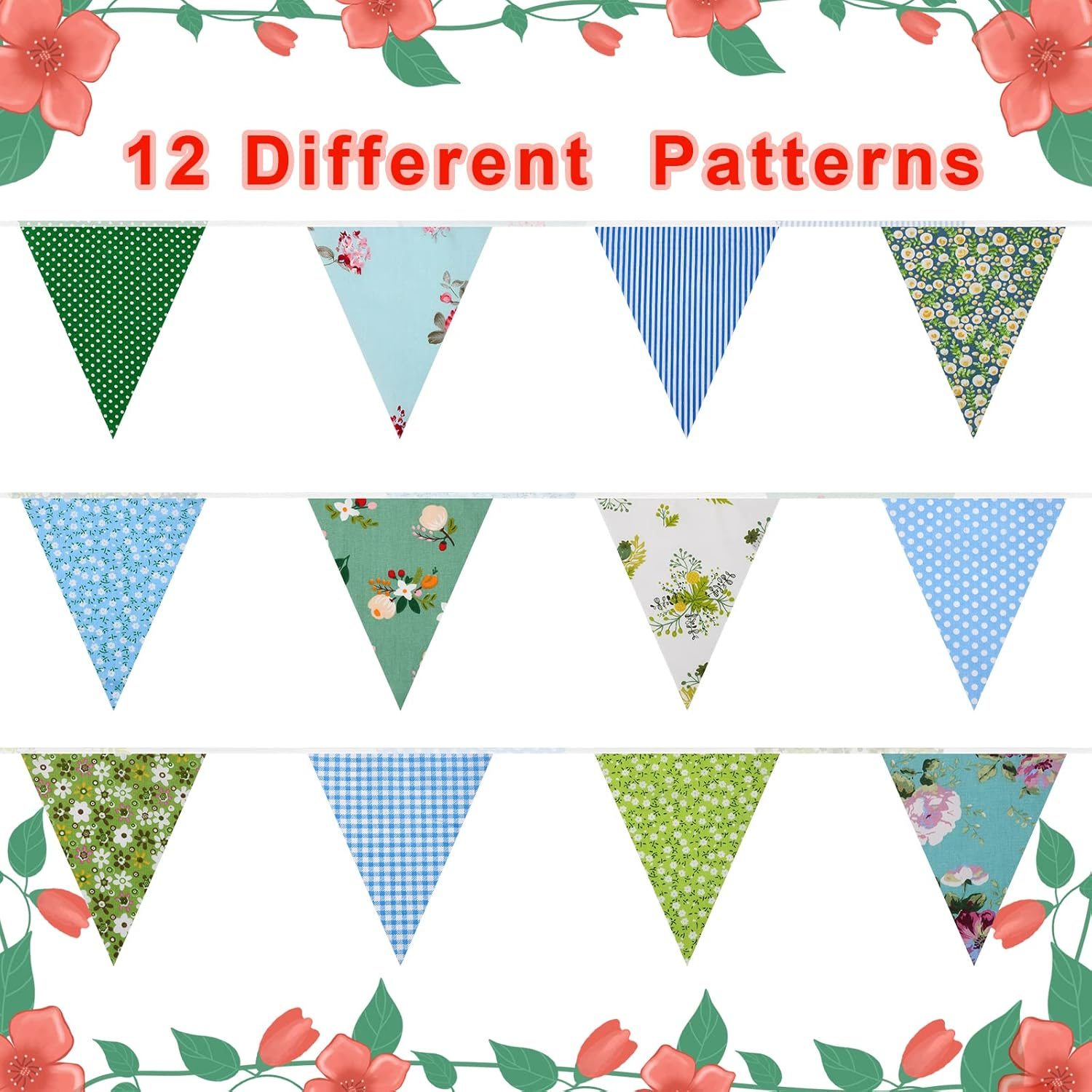 15M/50Ft Fabric Bunting Flag 48 Pieces Vintage Cotton Floral Fabric Bunting Outdoor Waterproof Reusable Festival Flags for Baby Shower Party Christmas Birthday Garden Decorations(Green and Blue) image number 5