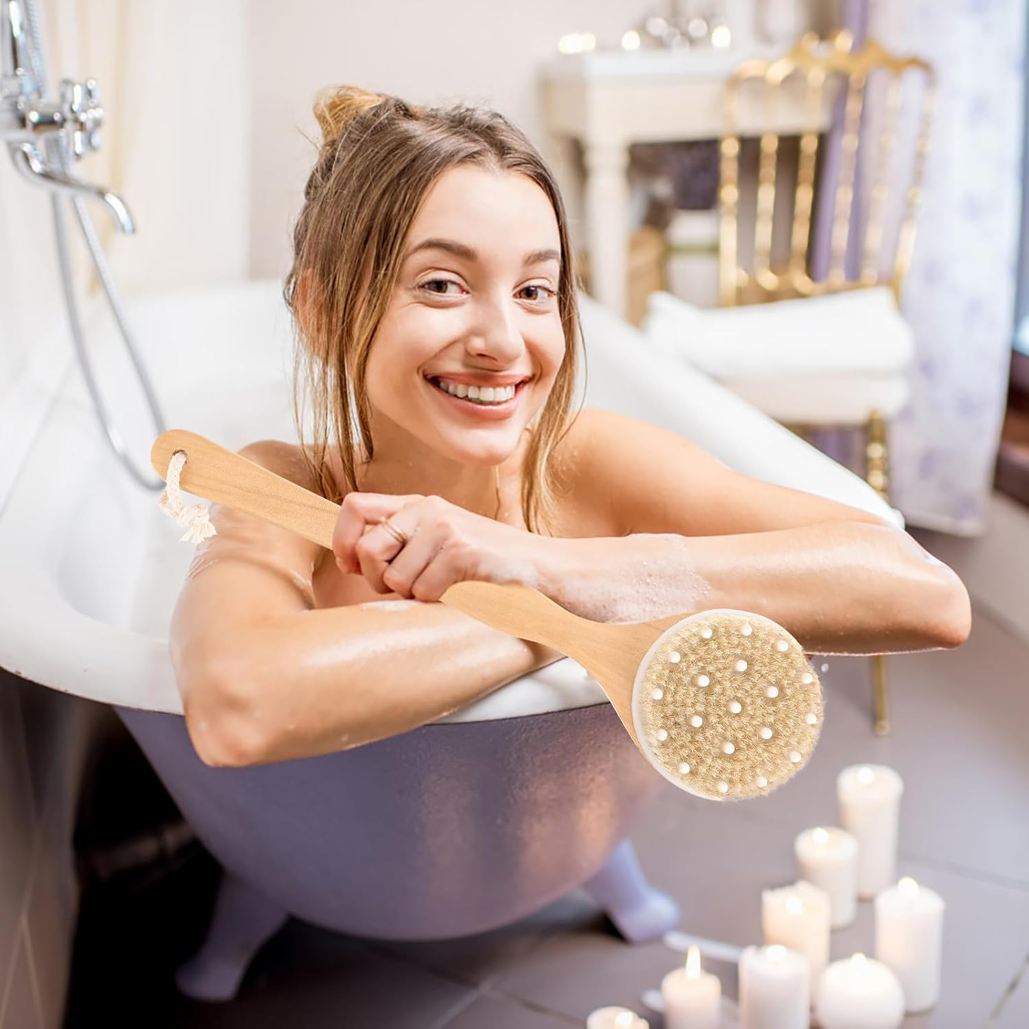 SEWACC Long Handle Boar Bristle Body Brush 41.5X11Cm for Showering and Dry Brushing, Skin Exfoliating Back Scrubber Suitable for Wet and Dry Use in Bathing image number 3