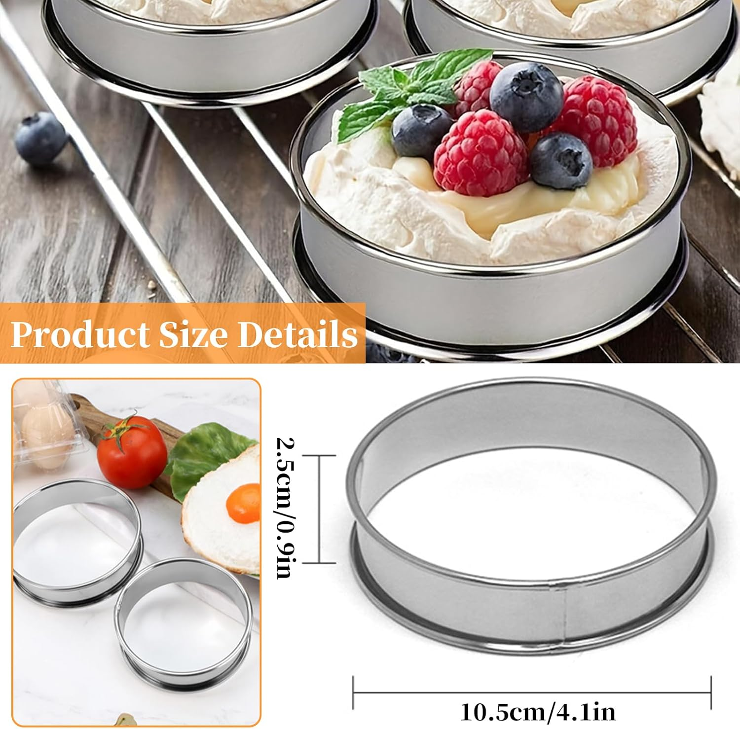 12 PCS English Muffin Rings, Stainless Steel Crumpet Rings, Nonstick Metal round Ring Muffins Molds, Double Rolled Tart Muffin Ring for Home Baking Fluffy Eggs Pancakes Pastry (10.5CM) image number 1