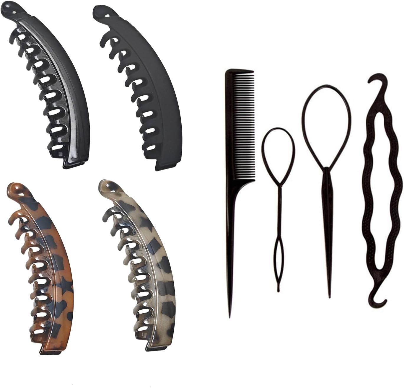 4 X Banana Hair Pins (Shiny/Matte/Turtle) + Hairdressing Set Curly Hair Non Slip image number 1