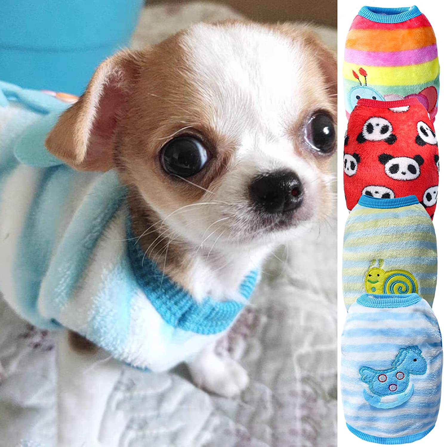 Dog Sweaters for Small Dogs Boy Chihuahua Yorkies Male Set of 4 Warm Fall Winter Cute Puppy Clothes Shirt Vest Size XXS ~ XL (Small, Caterpillar+Horse+Snails+Panda) image number 7