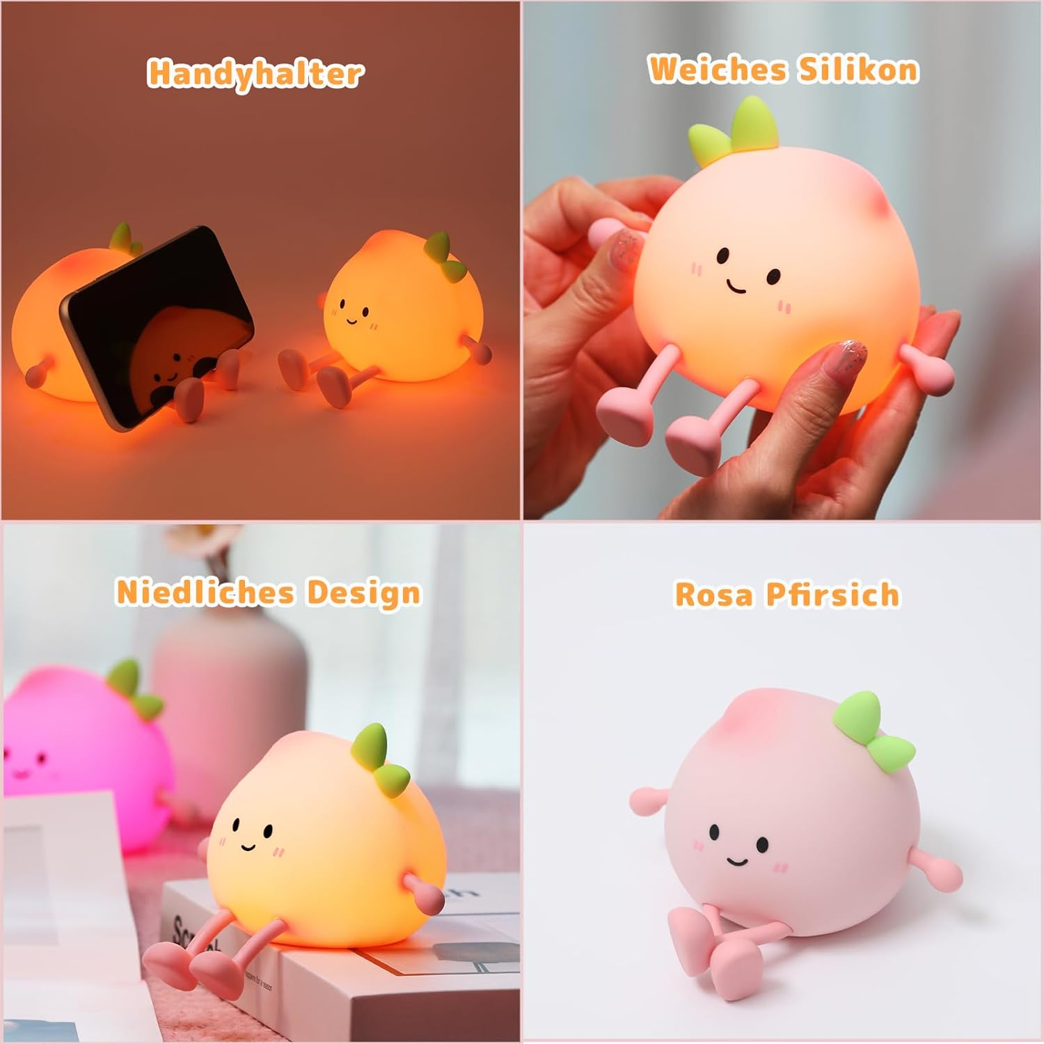 AVEKI Peach Night Light for Kids - Cute Silicone Snooze Lamp with 7 Colours & 3 Brightness Levels Warm Light, Rechargeable, Touch Sensitive, Baby Night Light Gift - Warm image number 7