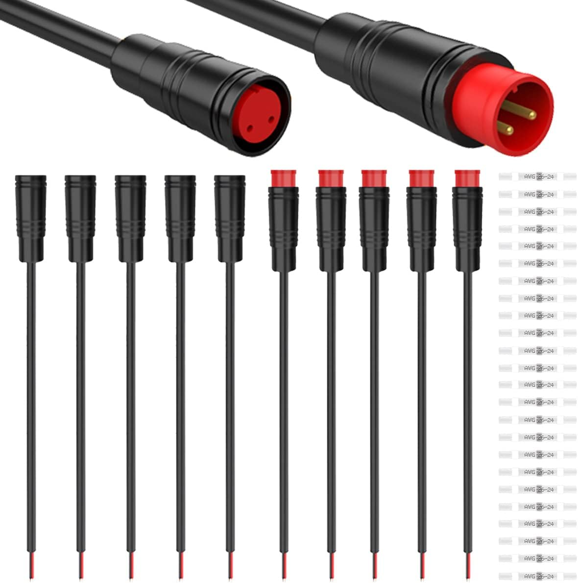 Xiatiaosann 5 Pairs Waterproof Julet 2 Pin Connector Extension Cable for E-Bikes - 20Cm Female and Male Plug Wire for Electric Bike Light, Throttle Grip with 20 Pieces Heat Shrink Tube