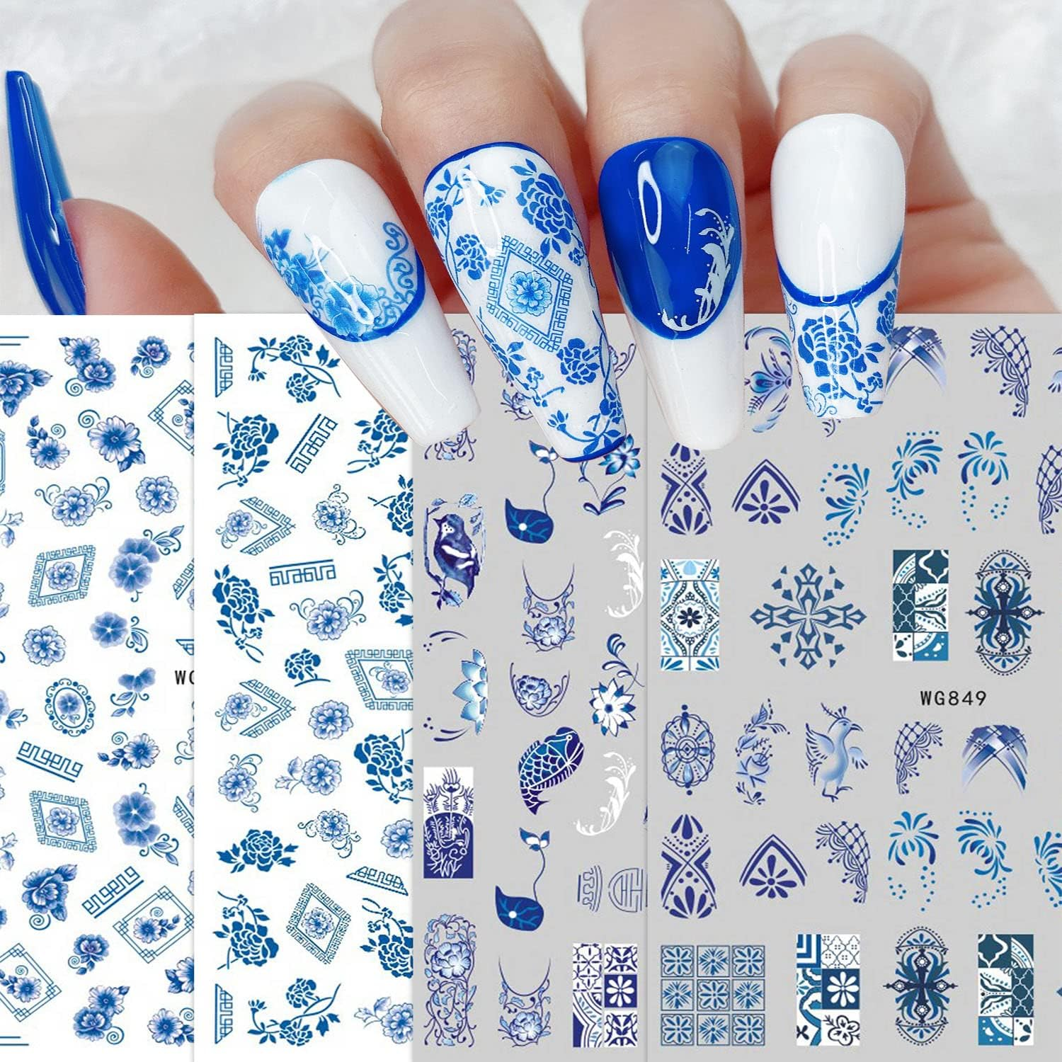 8 Sheets Blue and White Porcelain Nail Art Stickers Decals Self-Adhesive Pegatinas Para U&ntilde;as Retro Elements Tiger Lion Dragon Flowers Design Manicure Tips Nail Decoration for Women Girls