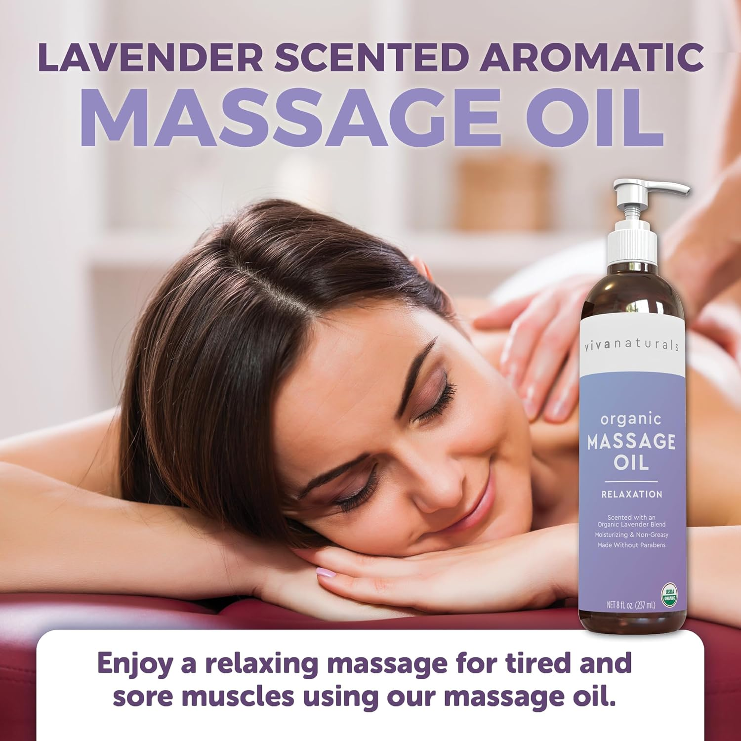 Organic Massage Oil with Lavender Scent (8 Fl. Oz.) - Non-Greasy Lavender Body Oil with Mess-Free Pump, Perfect for Sleep and Relaxation, Certified Organic and Non-Gmo, 237 Ml image number 1
