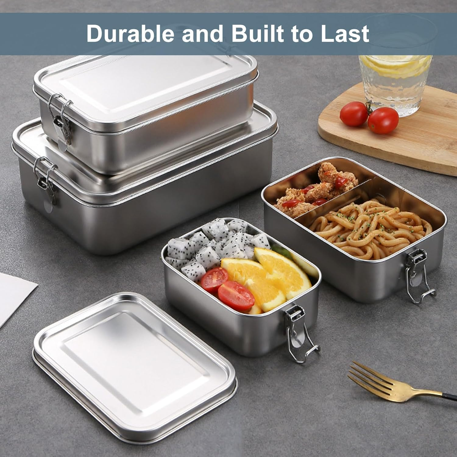 2-Pack Stainless Steel Lunch Box - Leak Proof Metal Lunch Box for Work, School, Bento Lunch Box for Meal Prep, Snack Container and Food Storage (1400Ml + 550Ml) image number 3