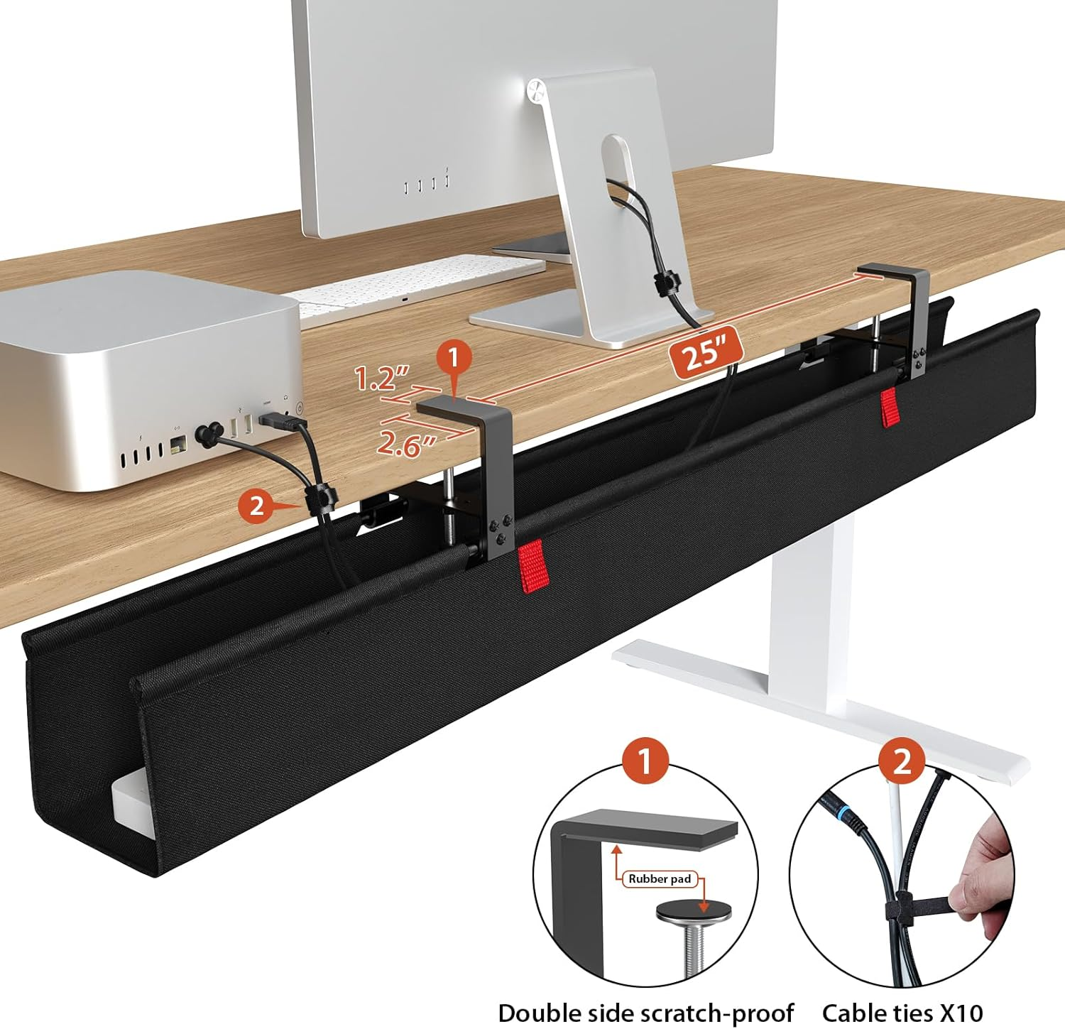 Univivi No Drill under Desk Cable Management Tray, 48" Cord Organizer for Table, Clamp/Screw Mount Desk Cable Management, Premium Fabric Cable Management Tray for Office, Home (Extra Large)