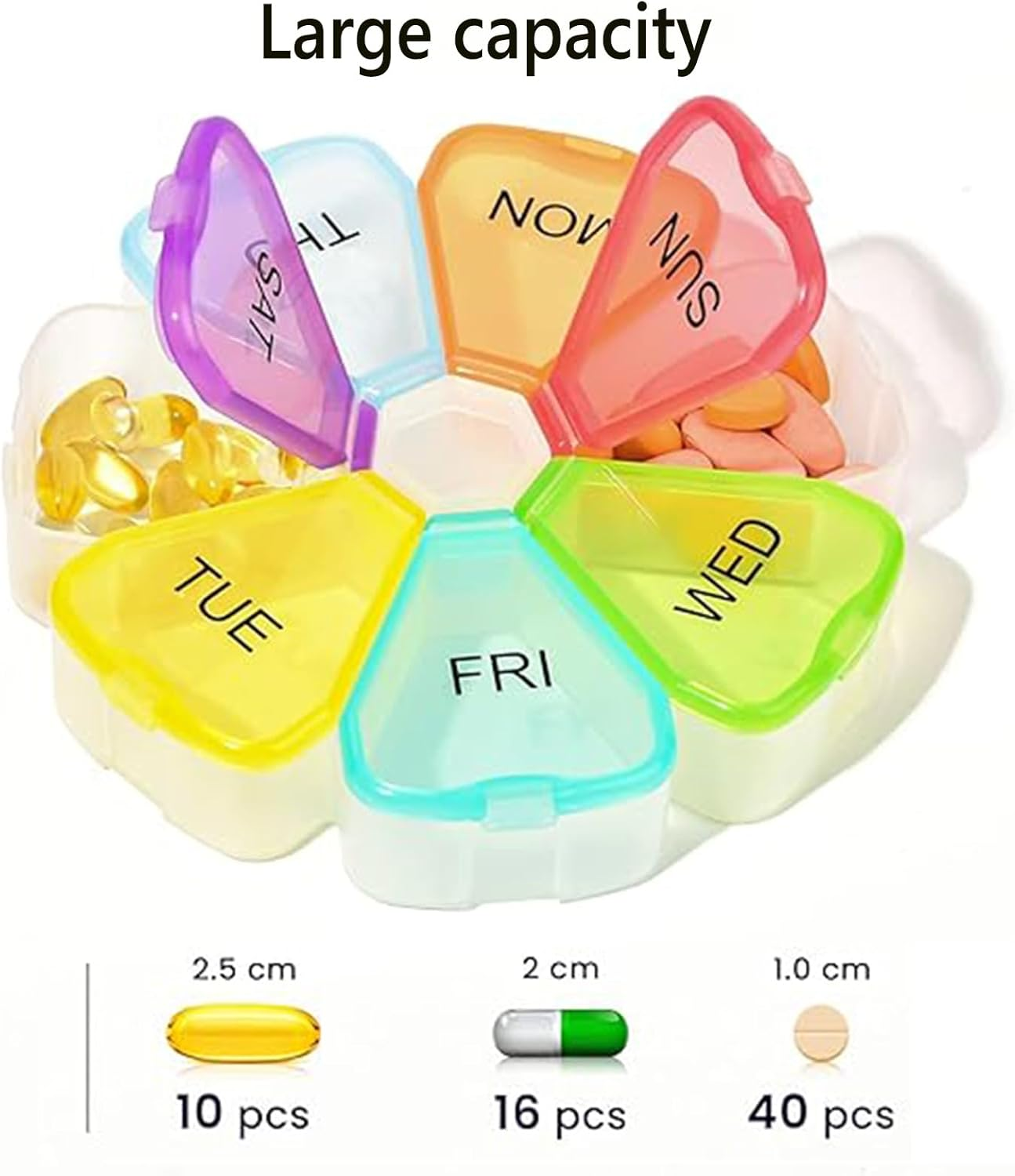 2 Pack 7 Day Portable Pill Box with Large Compartment, Weekly Pill Box Organizer Easy to Open, Travel 7 Day Pill Box Case, Pillbox Dispenser Reminder Containers for Vitamins Fish Oil Medication (White) image number 3