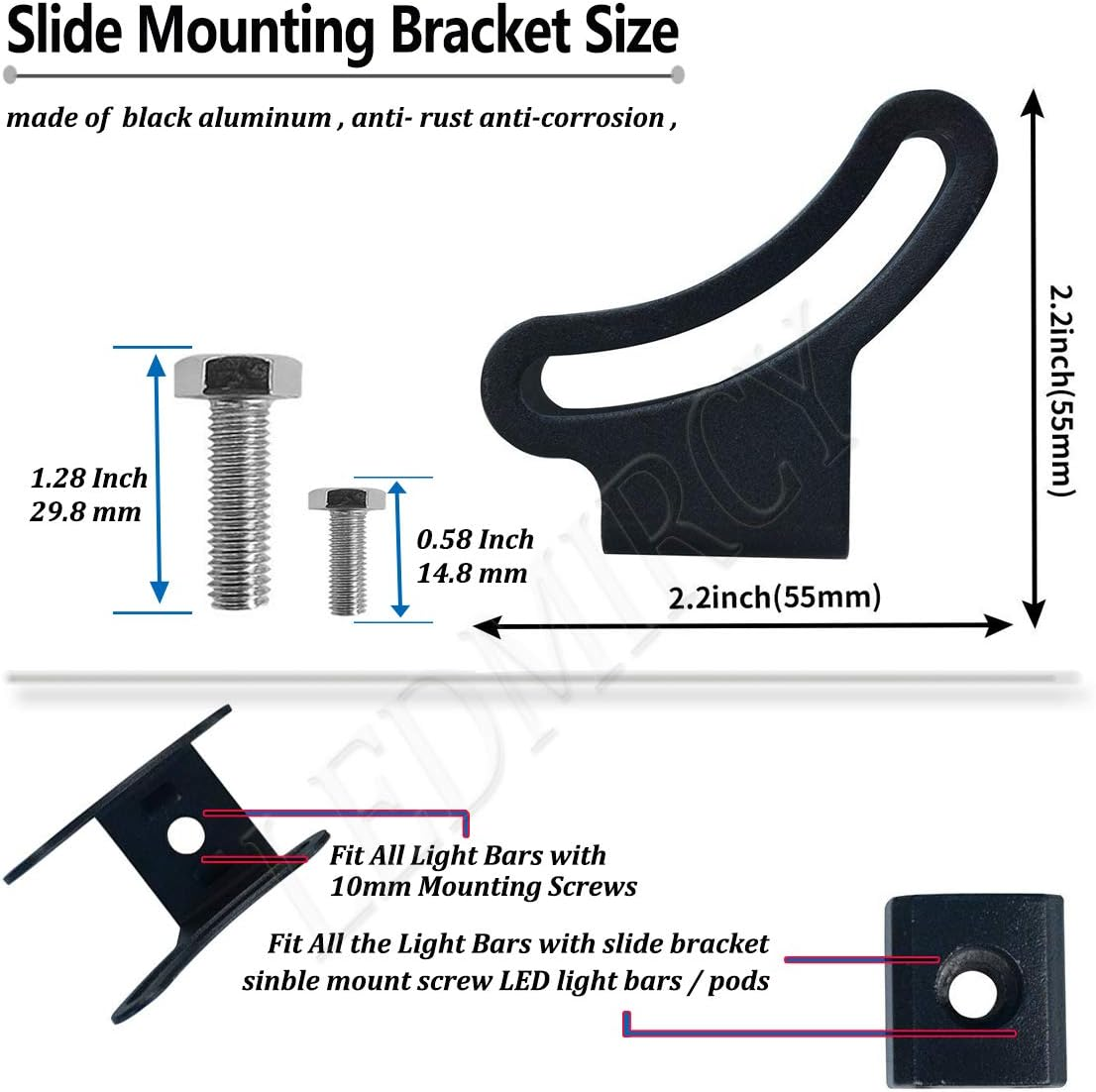 Base Mounting Bracket LED Light Bar Slide Mounting Bracket 2PCS Universal Adjustable Side Bracket Kit Holder for Most Straight or Curved Light Bars Pods Work Lights Fog Lights (Pack of 2)