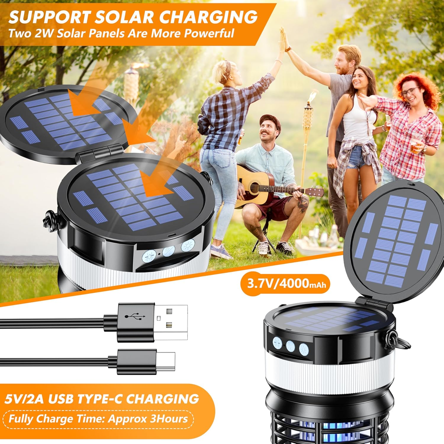 Solar Bug Zapper Outdoor, 2 in 1 Mosquito Zapper with LED Light, Rechargeable Cordless Fly Zapper with 4000Mah Battery, Waterproof Pest Control for Home, Patio, Backyard, Camping, Garden image number 4