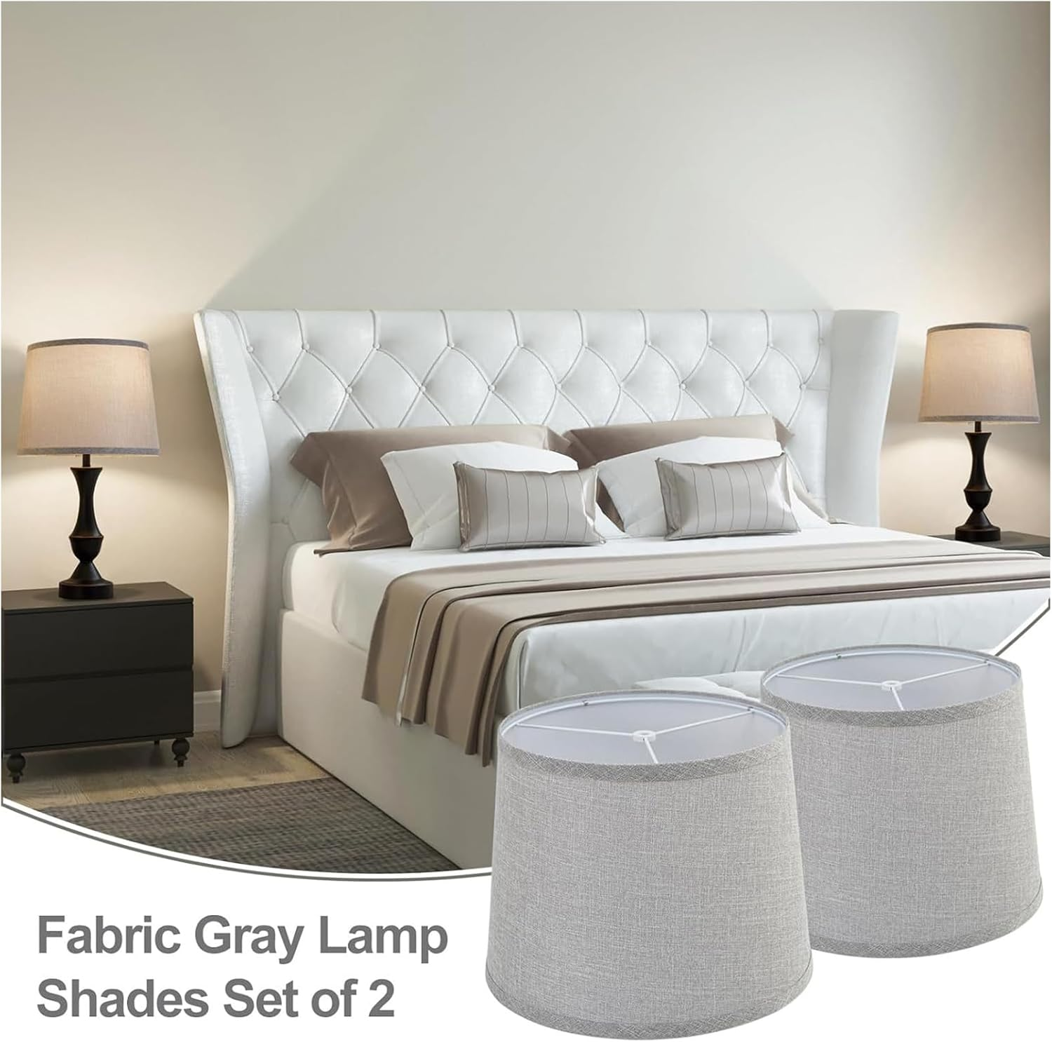 Fabric Lampshades Set of 2, Drum Lampshades for Table Lamps, Floor Lamps with 8 in Vertical Harp Support, Hand Crafted Replacement Lampshades (White) - Linen image number 3