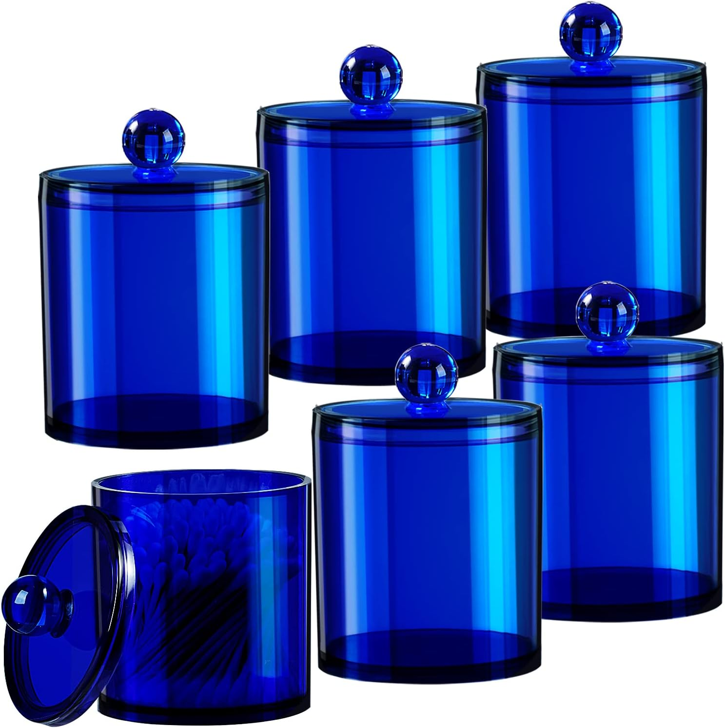 Sheechung 6-Pack Blue Acrylic Apothecary Jars - (3) 12Oz & (3) 10Oz Qtip Holder Set with Labels - Shatterproof Bathroom Vanity Organizer for Cotton Swabs, Balls, Pads - Coastal Decor