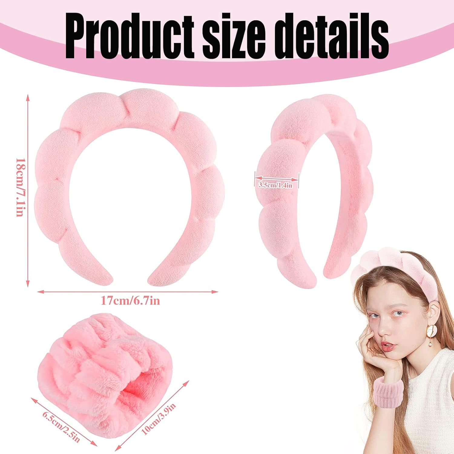 5 Pack Makeup Headband and Wristband for Women,Sponge & Terry Towel Cloth Fabric Headband for Skincare,Makeup Removal, Shower, Skincare (Pink) image number 4