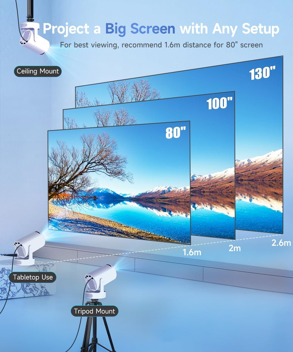 Mini Projector 4K Support with Wifi 6 and Bluetooth 5.4, 5W Soundbase Speaker, Auto Vertical Keystone 180&deg;Rotatable Portable Proyector for Home Bedroom Outdoor (5W Speaker & Manual Focus)