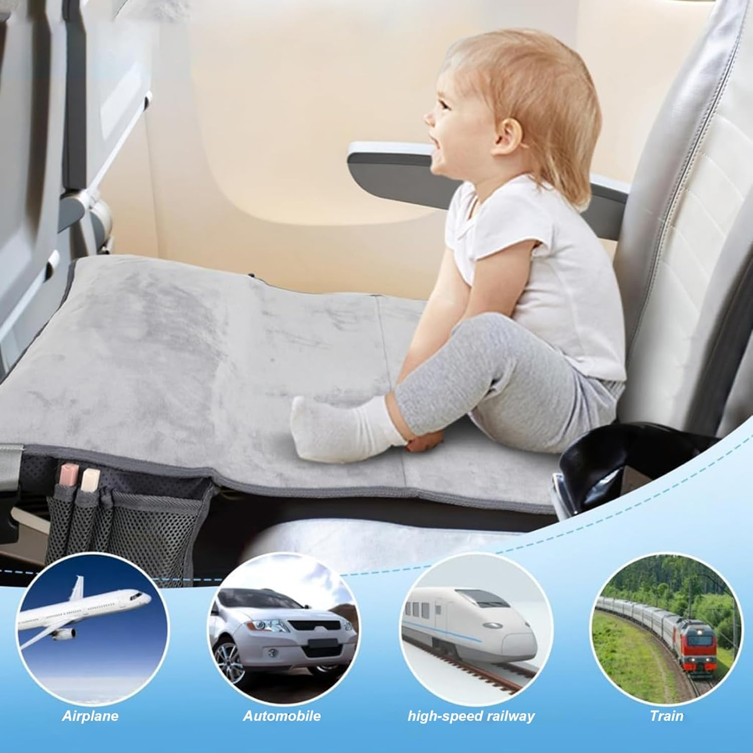 Toddler Airplane Bed, 19X31 Inch Non-Slip Comfort Inflatable Toddler Travel Bed with Pillow & Pump & Pockets, Portable Air Mattress with Storage Bag for Sleeping, Rest Travel image number 1