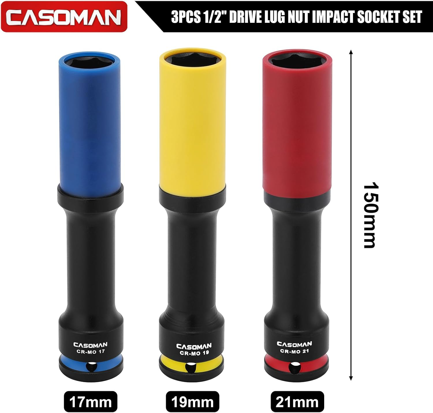 CASOMAN 3PCS 1/2" Drive Non-Marring & Thin Wall Lug Nut Impact Socket Set, for Wheel Lug Nut Remover, Extra Deep 150Mm, 6-Point, Metric, CR-MO, 17Mm 19Mm 21Mm image number 5