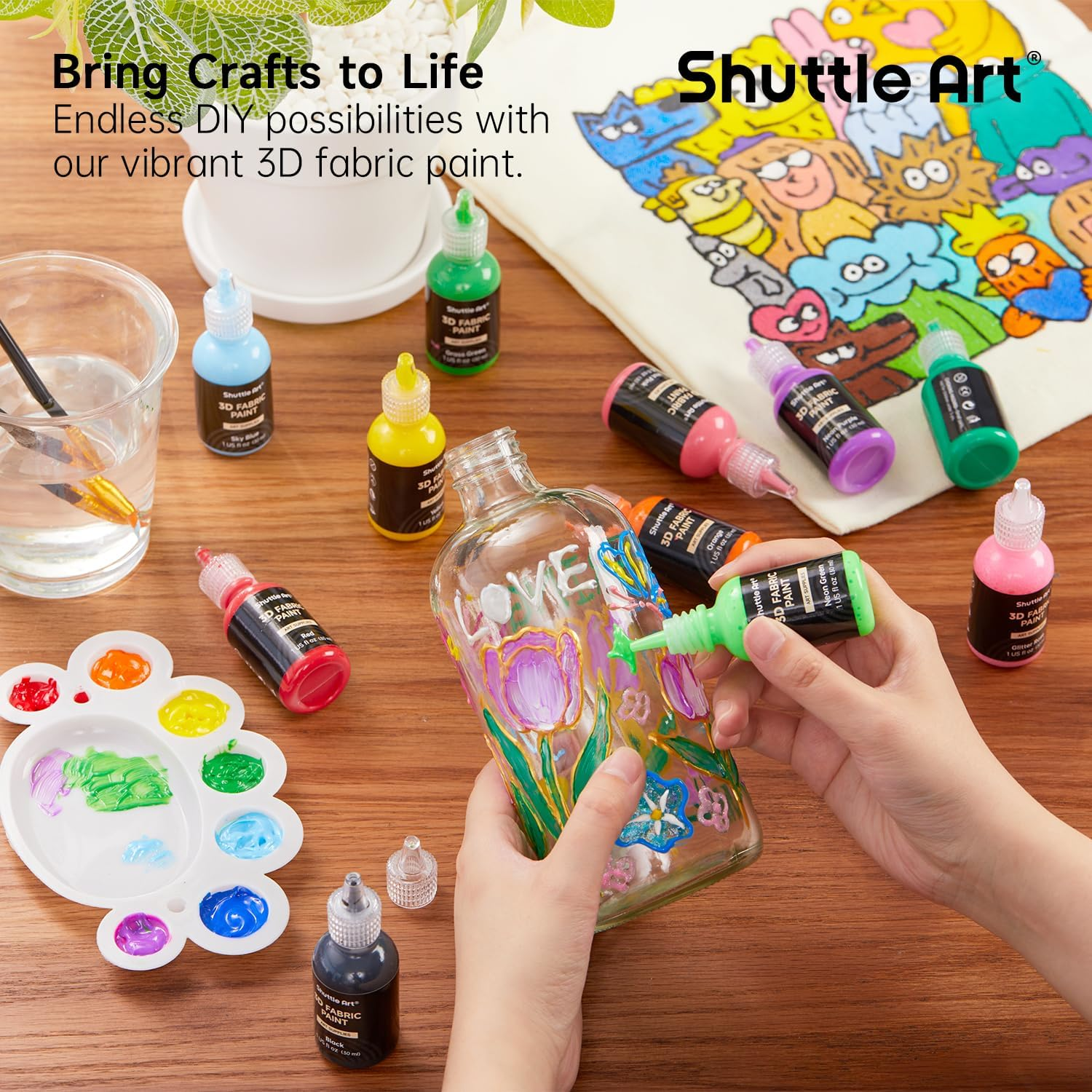 Shuttle Art Fabric Paint Set, 45 Colors 3D Permanent Paint with Brushes Palette Pen Fabric Sheet Stencils, Glow in the Dark, Glitter,Metallic Colors for Textile Fabric T-Shirt Jeans Glass image number 6