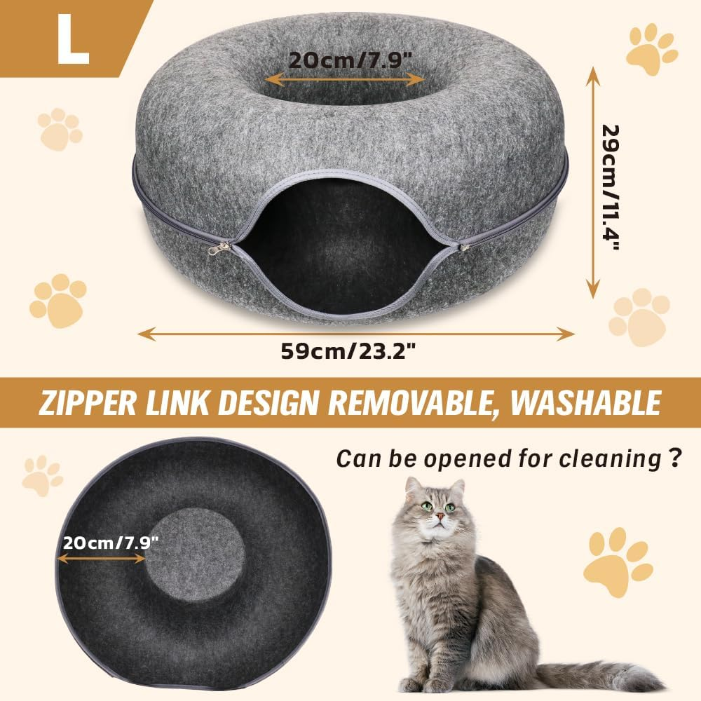 VAKA Felt Cat Cave Bed with Zipper &ndash; 59X59X29Cm Donut-Shaped Cat Tunnel Bed for Indoor Cats &ndash; Washable & Detachable Cat House for Multiple Cats, Dark Grey