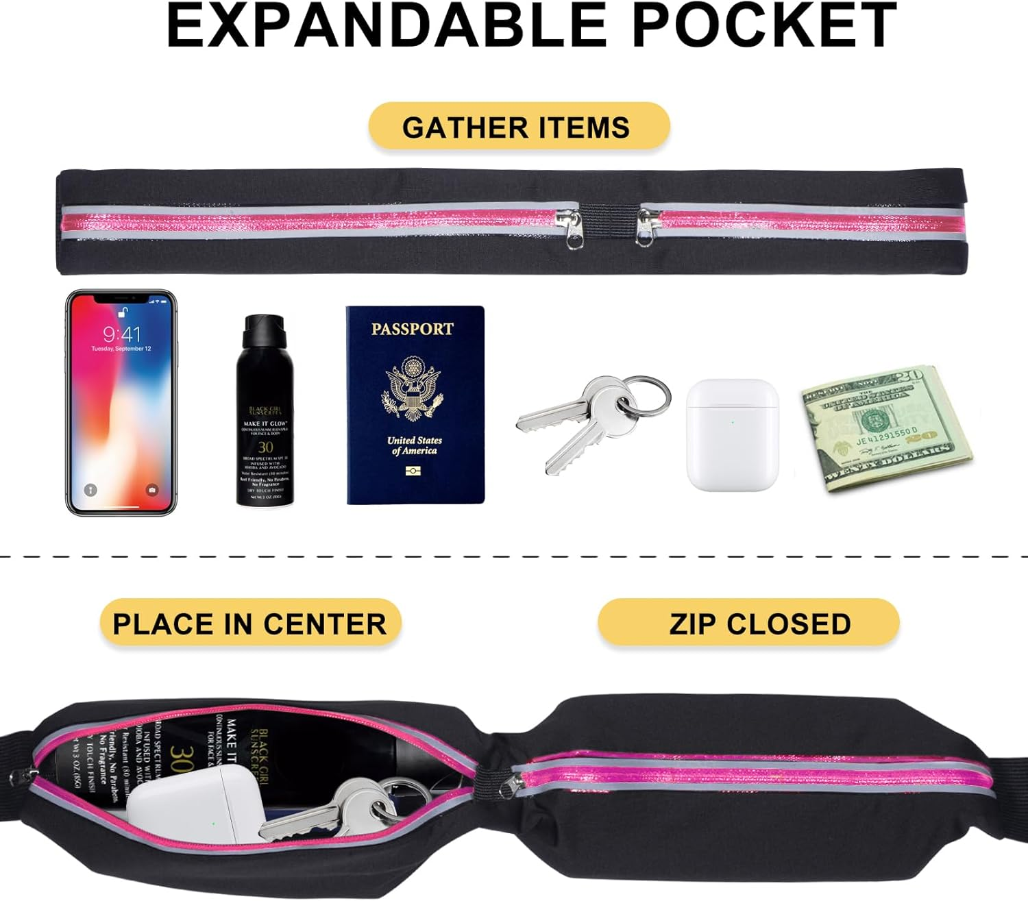 Running Belt Fanny Packs for Women and Men, NA-1 Rose, Running Belt image number 4