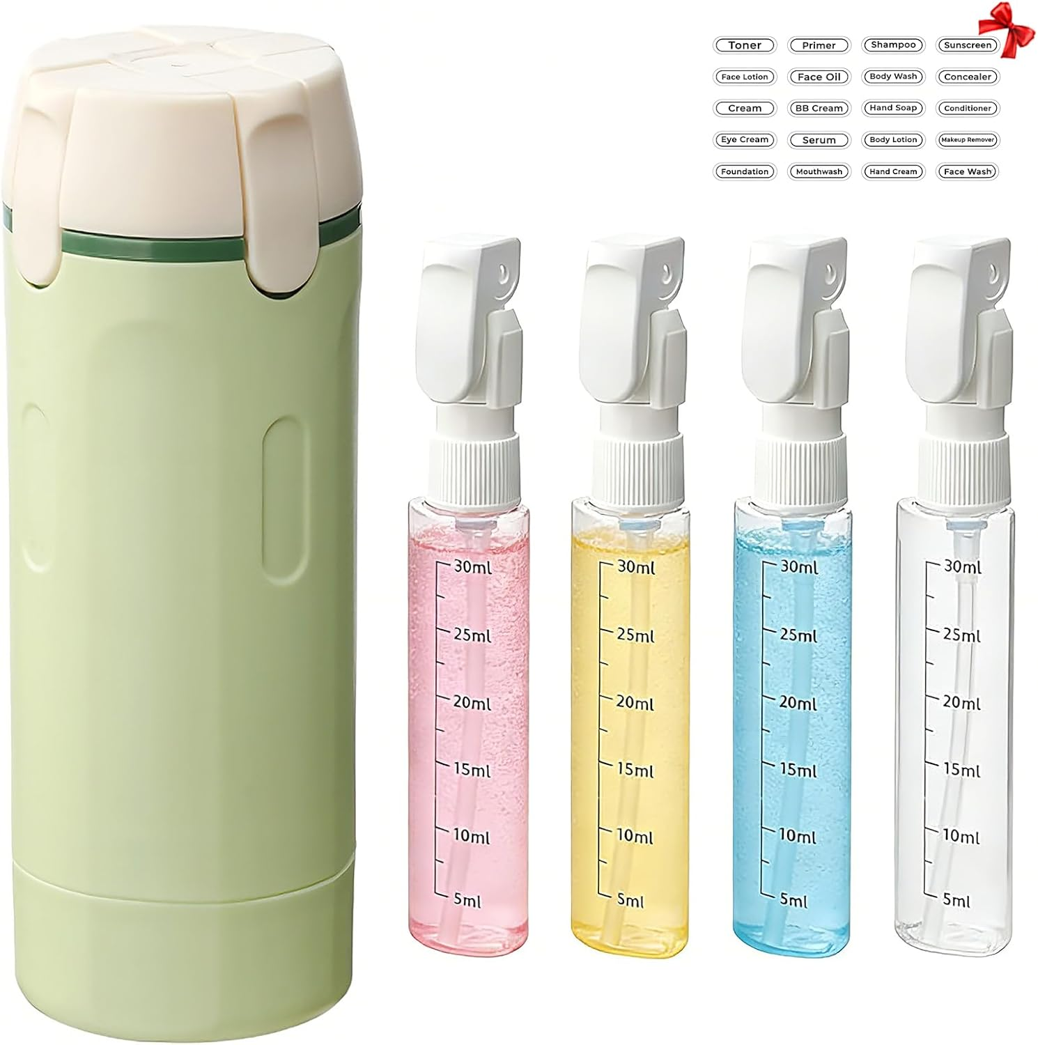 4 in 1 Travel Dispenser Bottle, Mini Shampoo Dispenser Portable Travel Bottle Set, Leak Proof Travel Size Containers, for Flights Gym Bag Weekends Away (Green)
