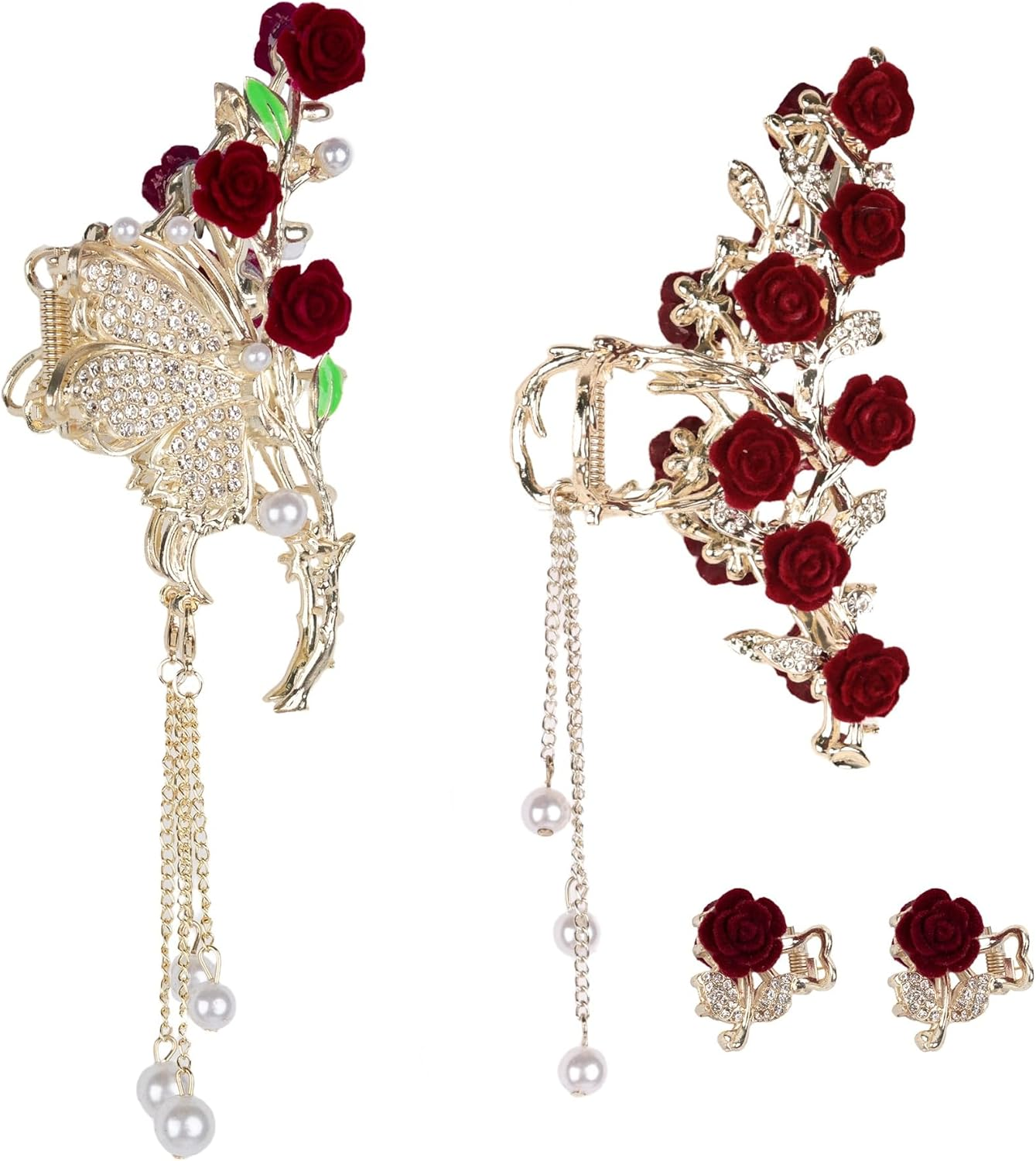 ANNASAMDO Pack of 4 Rose Flower Hair Clips Butterfly Large and Small with Tassel for Women Accessories image number 2