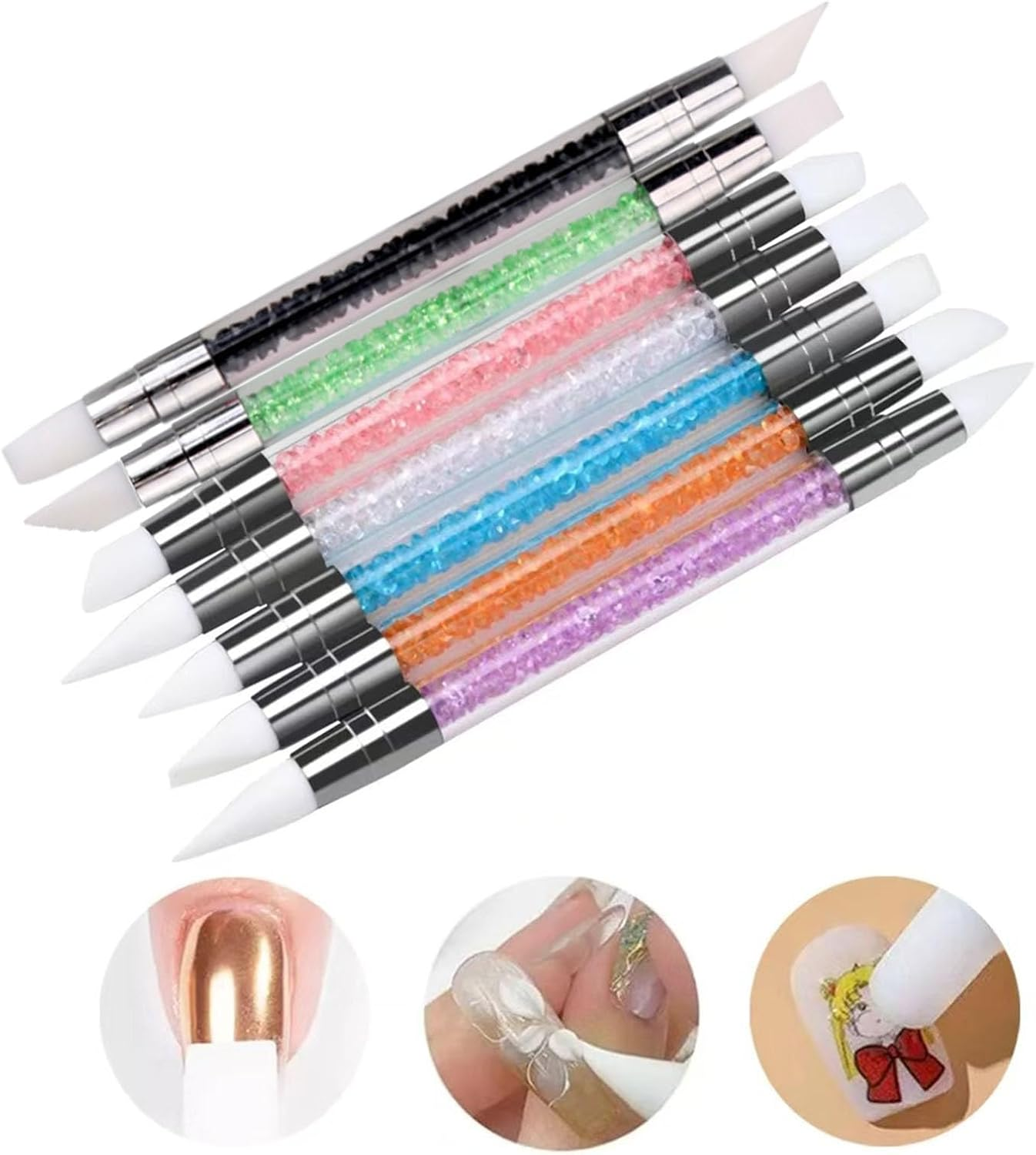 Dinghaole 7PCS Double Headed Silicone Nail Art Sculpture Pen Set -7-Color Professional Nail DIY Carving Tool for Rhinestones, Polishing Carving, and Details. image number 1