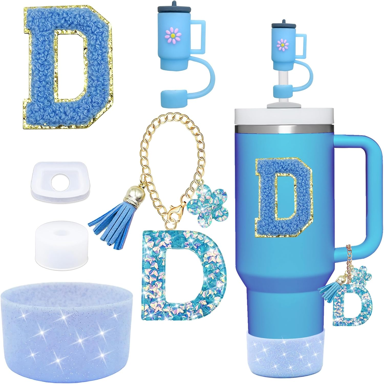 6PCS Cup Accessories Set for Stanley Cup 30Oz 40Oz Tumbler with Handle, Including Silicone Straw Topper Cover Cap and Boot, Spill Proof Stopper, Handle Charm, Initials Sticker(Blue J)