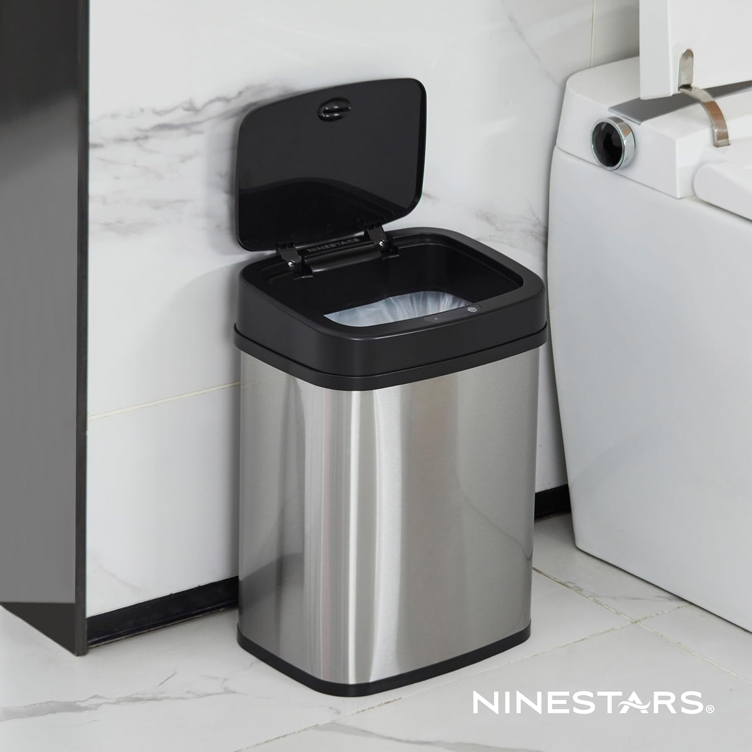 Ninestars DZT-12-5 Bedroom or Bathroom Automatic Touchless Infrared Motion Sensor Trash Can, 3 Gal 12L, Stainless Steel Base (Rectangular, Black Lid) image number 3