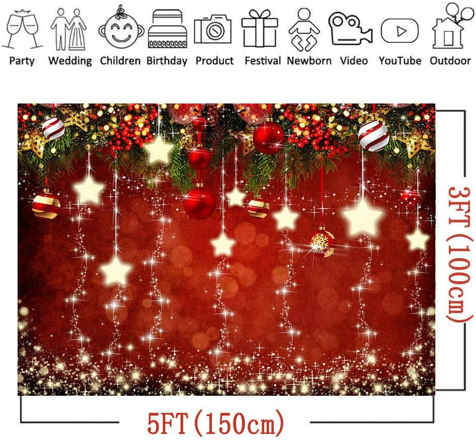 Red Christmas Theme Sparkling Photography Backdrops Snowflake Xmas Ball 5X3Ft Happy New Year Family Party Decoration Photo Star Background Kids Newborn Portrait Photo Booth Studio Props Banner image number 3